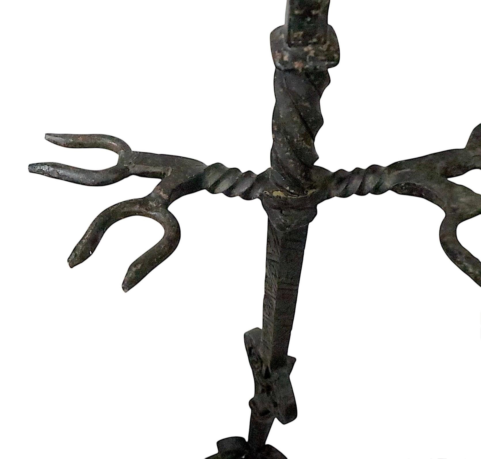 Wrought Iron and Cast Bronze Gothic Fireplace Tool Set c. 19th C. For Sale 9