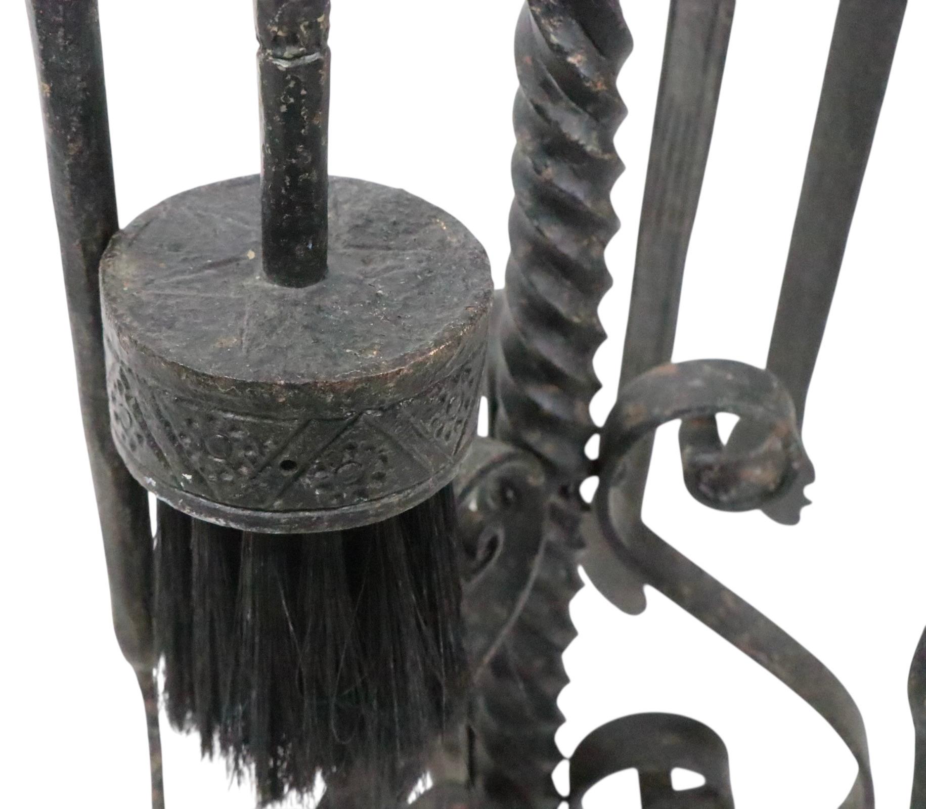 Wrought Iron and Cast Bronze Gothic Fireplace Tool Set c. 19th C. For Sale 10