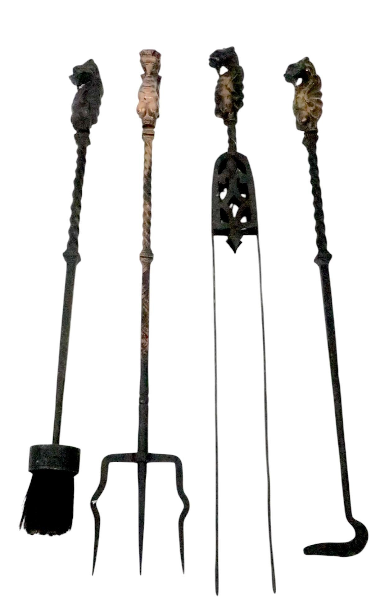 19th Century Wrought Iron and Cast Bronze Gothic Fireplace Tool Set c. 19th C. For Sale