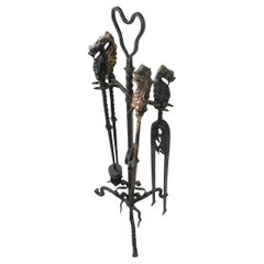 Wrought Iron and Cast Bronze Gothic Fireplace Tool Set c. 19th C.