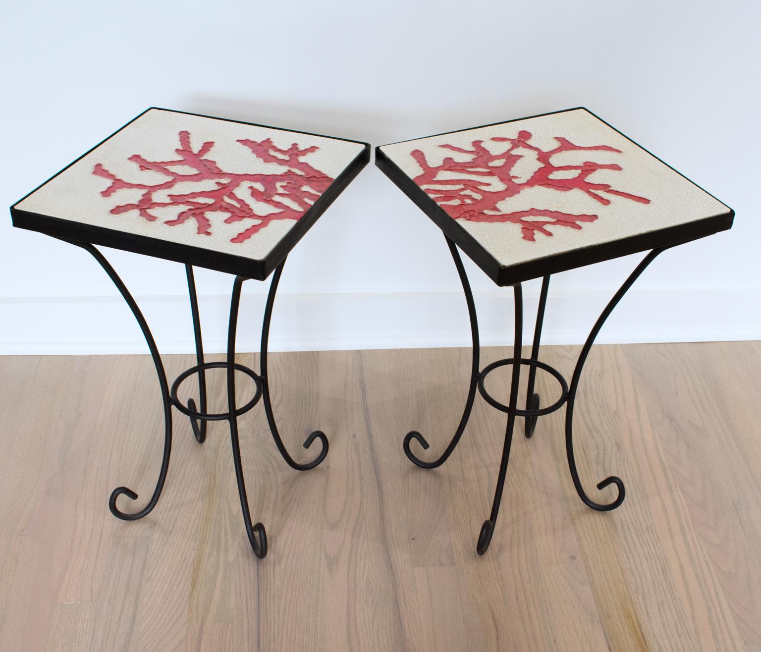 Wrought Iron and Ceramic Tile Side Coffee Table, a pair, 1950s 4