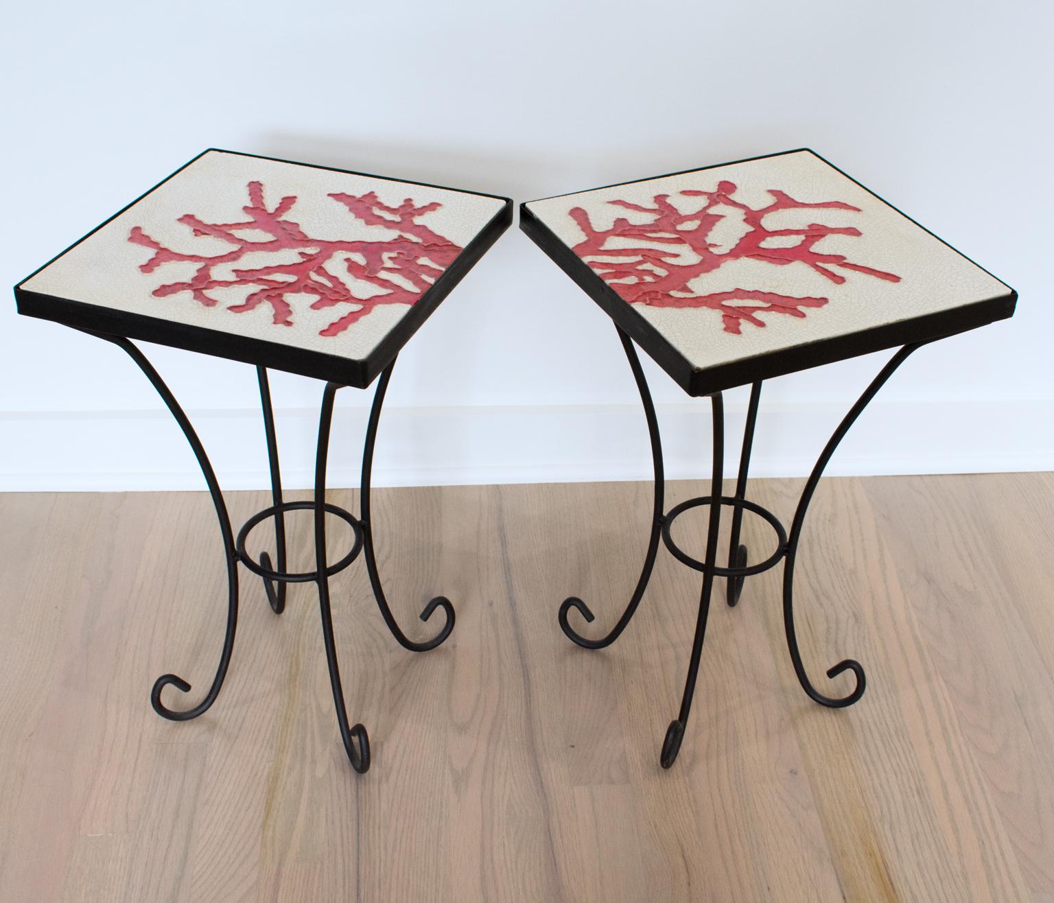 Wrought Iron and Ceramic Tile Side Coffee Table, a pair, 1950s For Sale 4