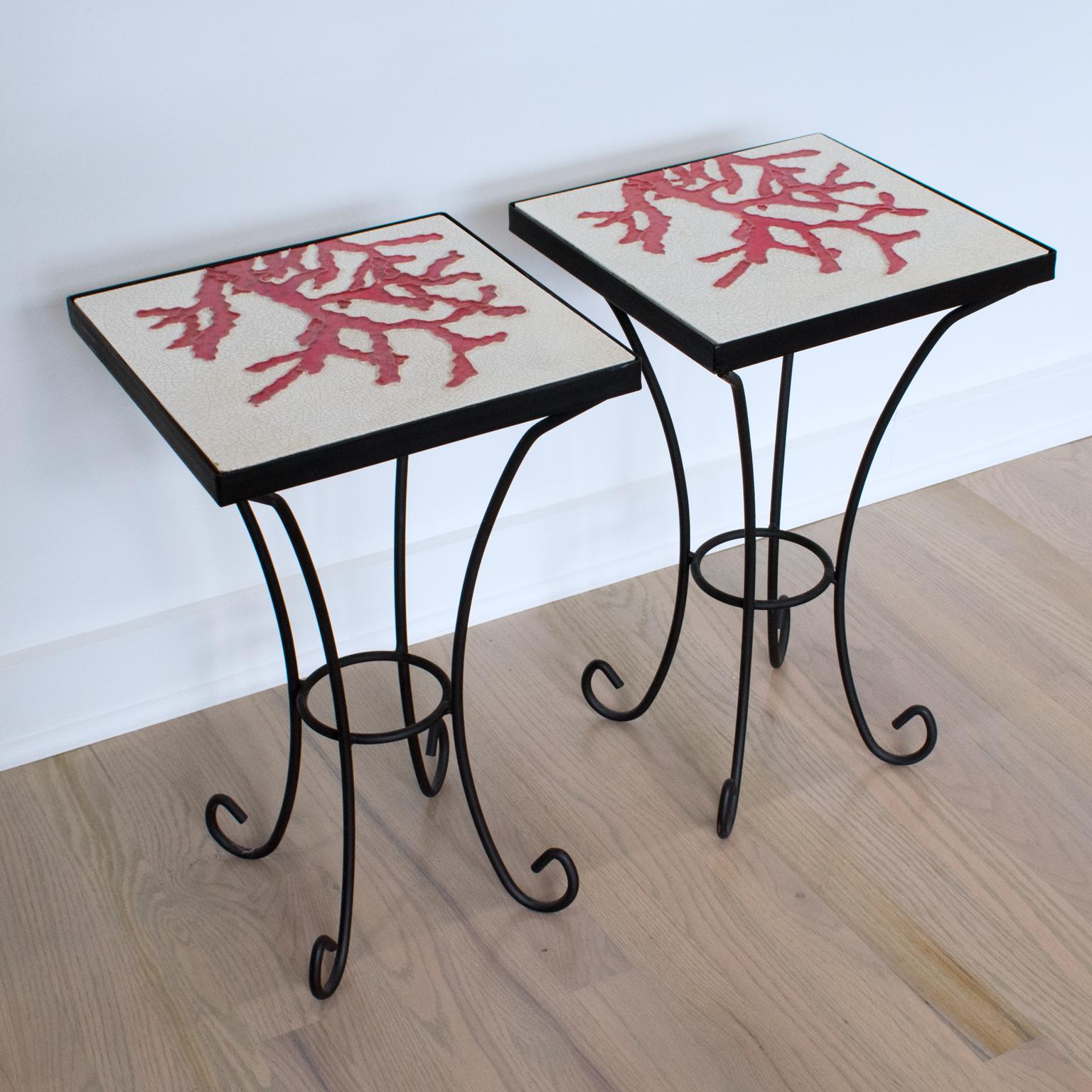 Wrought Iron and Ceramic Tile Side Coffee Table, a pair, 1950s For Sale 5