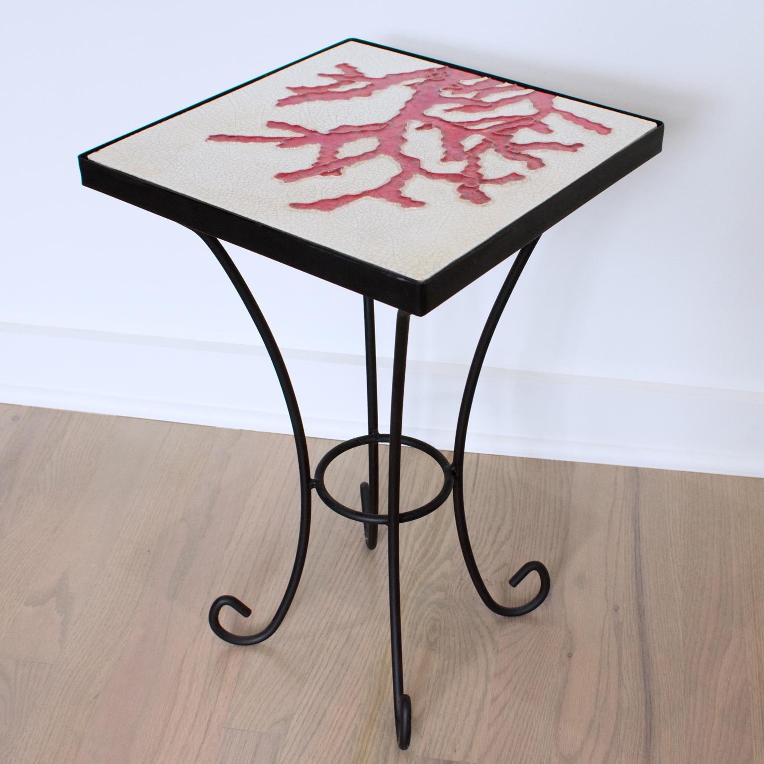 Wrought Iron and Ceramic Tile Side Coffee Table, a pair, 1950s 6
