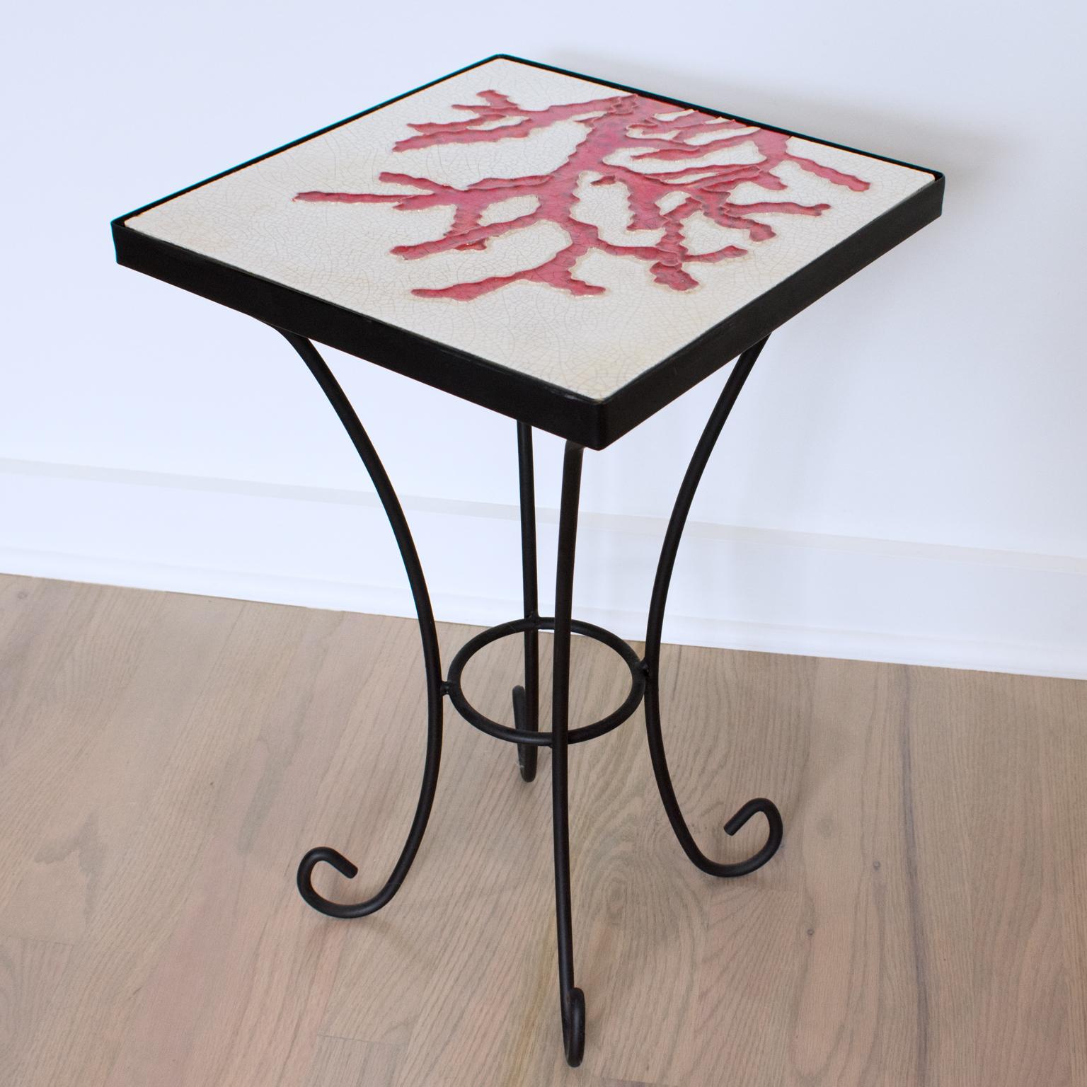 Wrought Iron and Ceramic Tile Side Coffee Table, a pair, 1950s For Sale 8