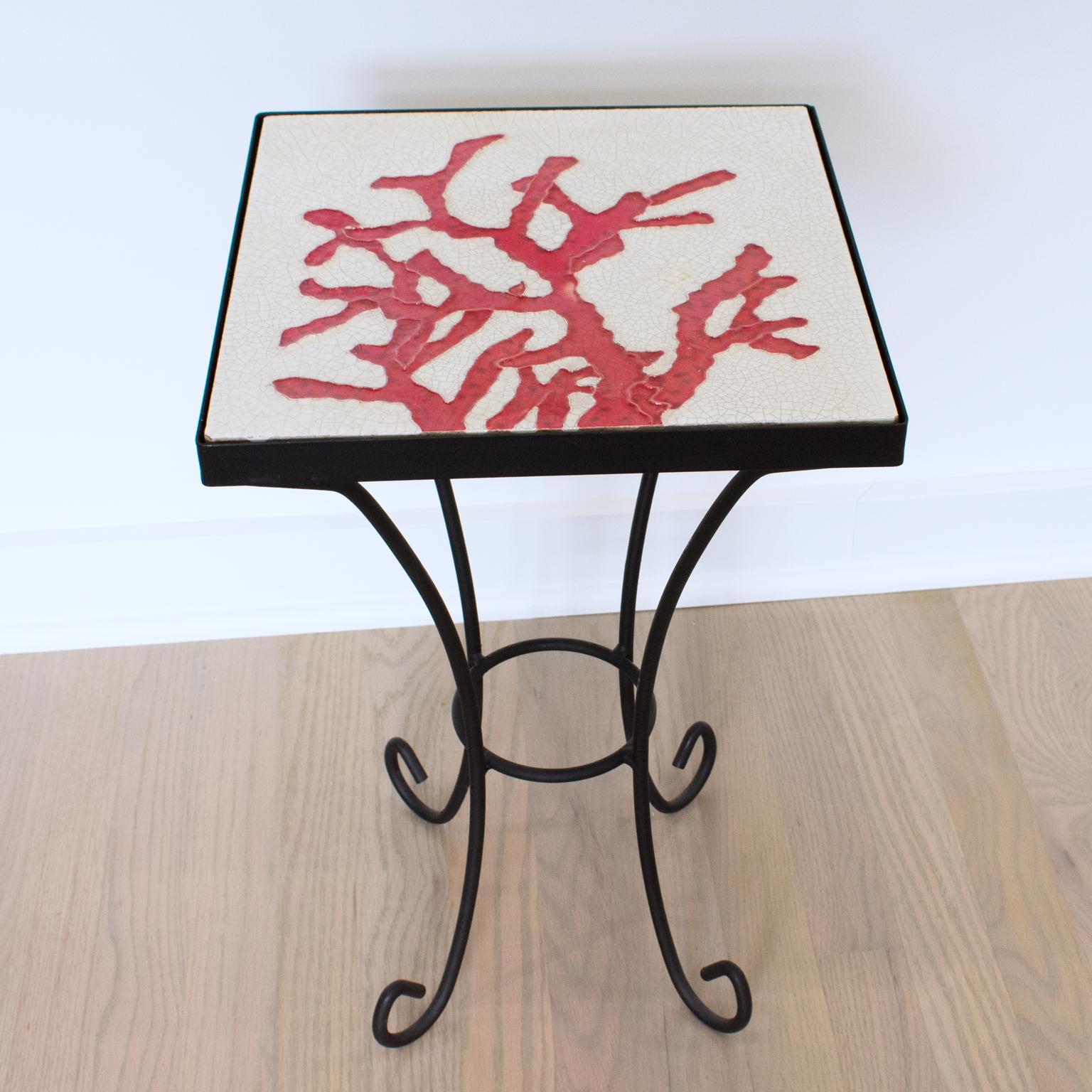 Wrought Iron and Ceramic Tile Side Coffee Table, a pair, 1950s For Sale 8