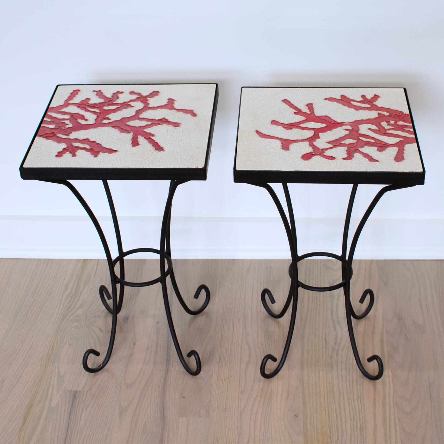 Wrought Iron and Ceramic Tile Side Coffee Table, a pair, 1950s 10