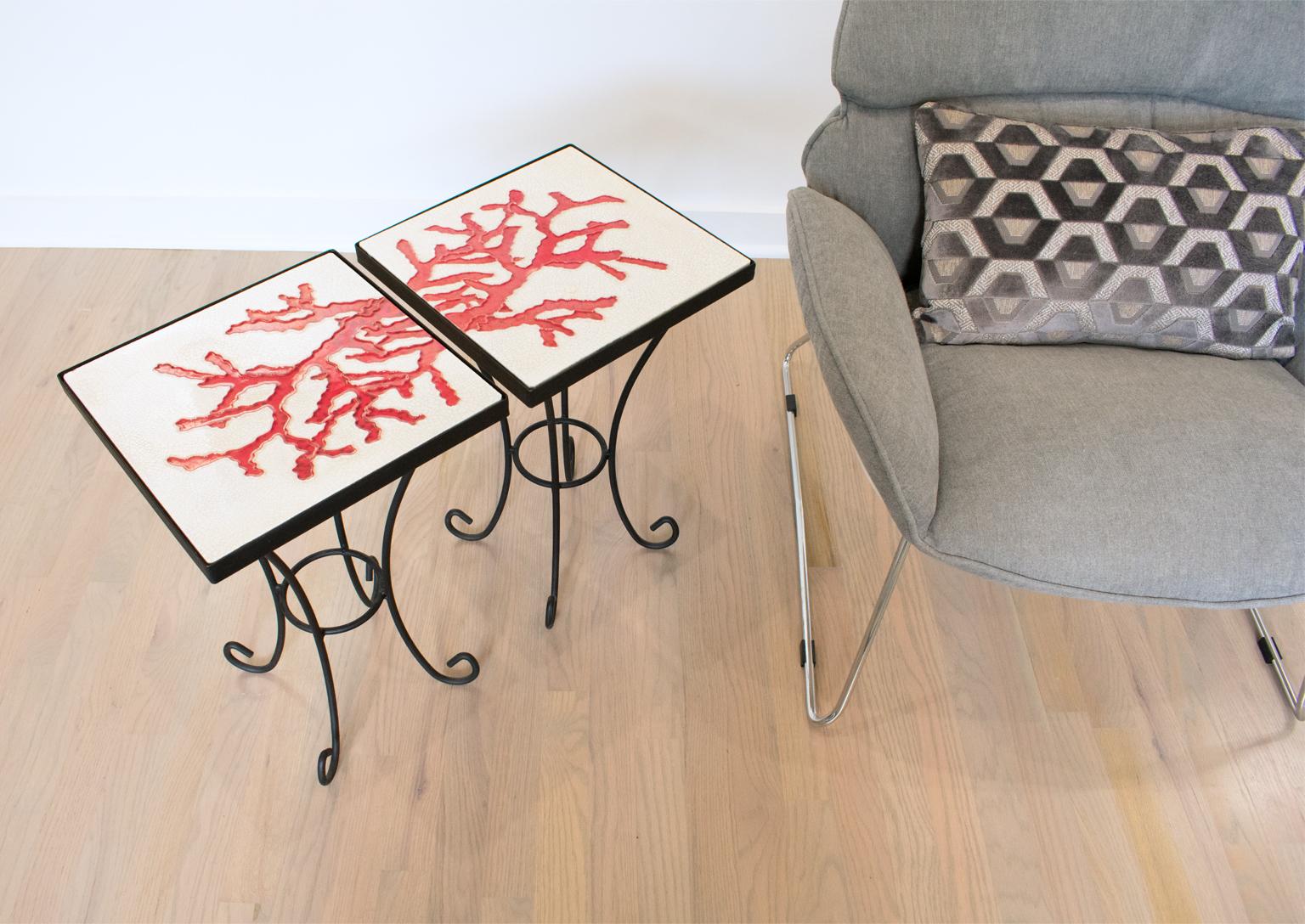 Wrought Iron and Ceramic Tile Side Coffee Table, a pair, 1950s For Sale 12