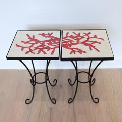 Wrought Iron and Ceramic Tile Side Coffee Table, a pair, 1950s