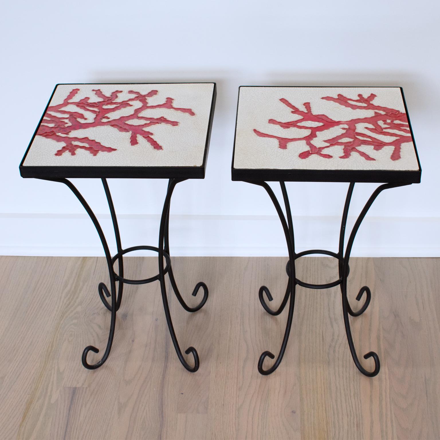 Wrought Iron and Ceramic Tile Side Coffee Table, a pair, 1950s For Sale 13