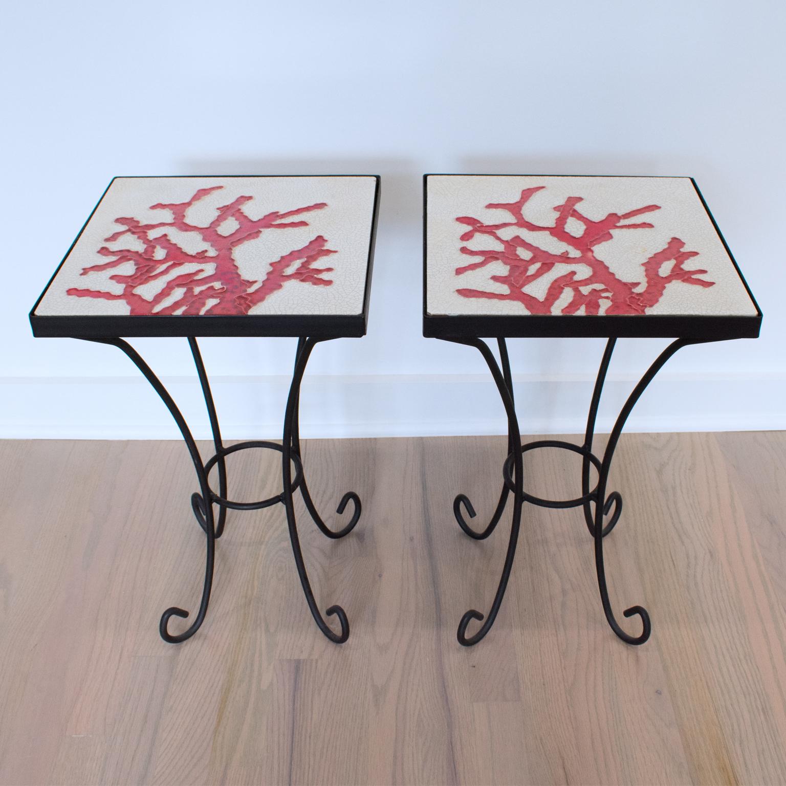 Mid-Century Modern Wrought Iron and Ceramic Tile Side Coffee Table, a pair, 1950s