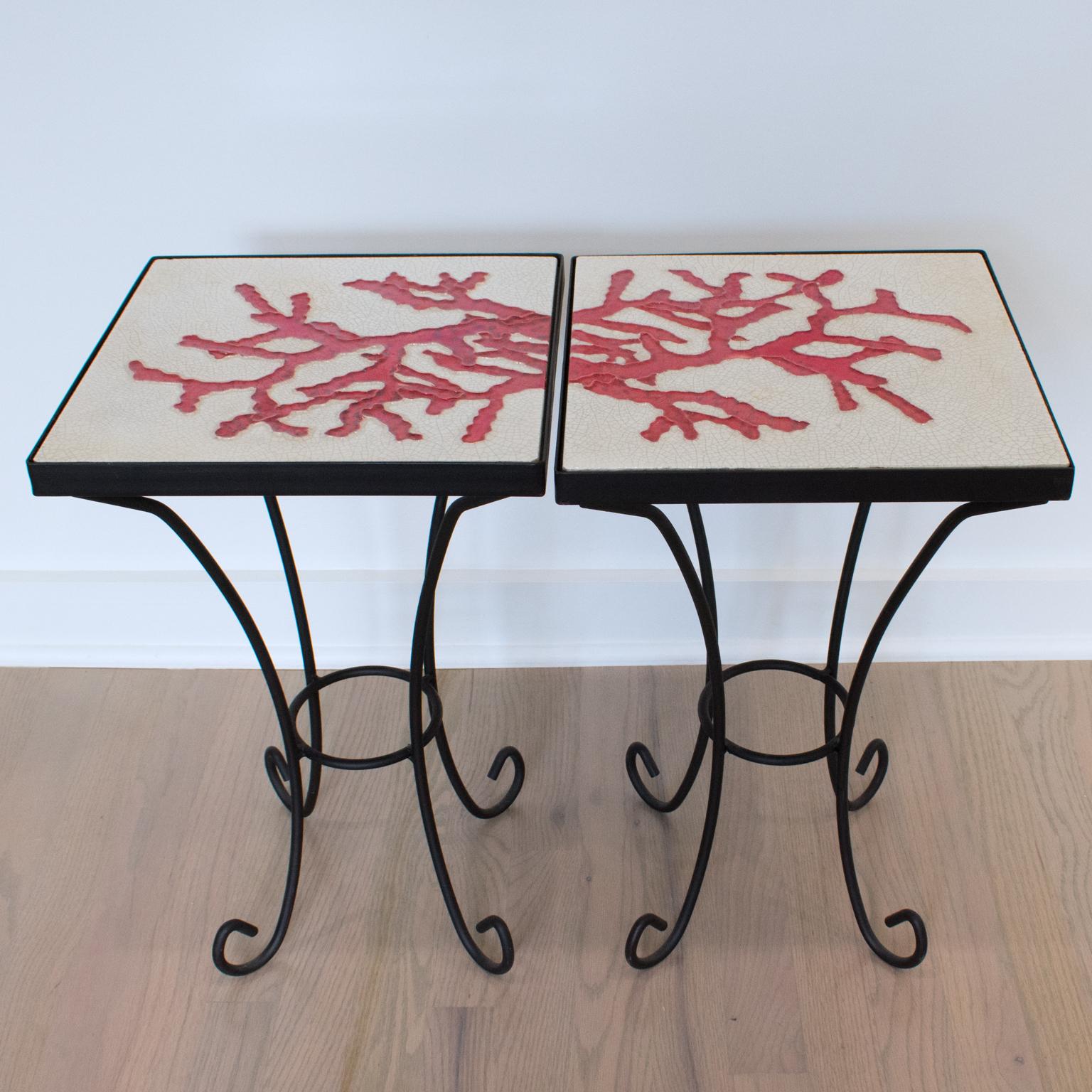Mid-Century Modern Wrought Iron and Ceramic Tile Side Coffee Table, a pair, 1950s For Sale