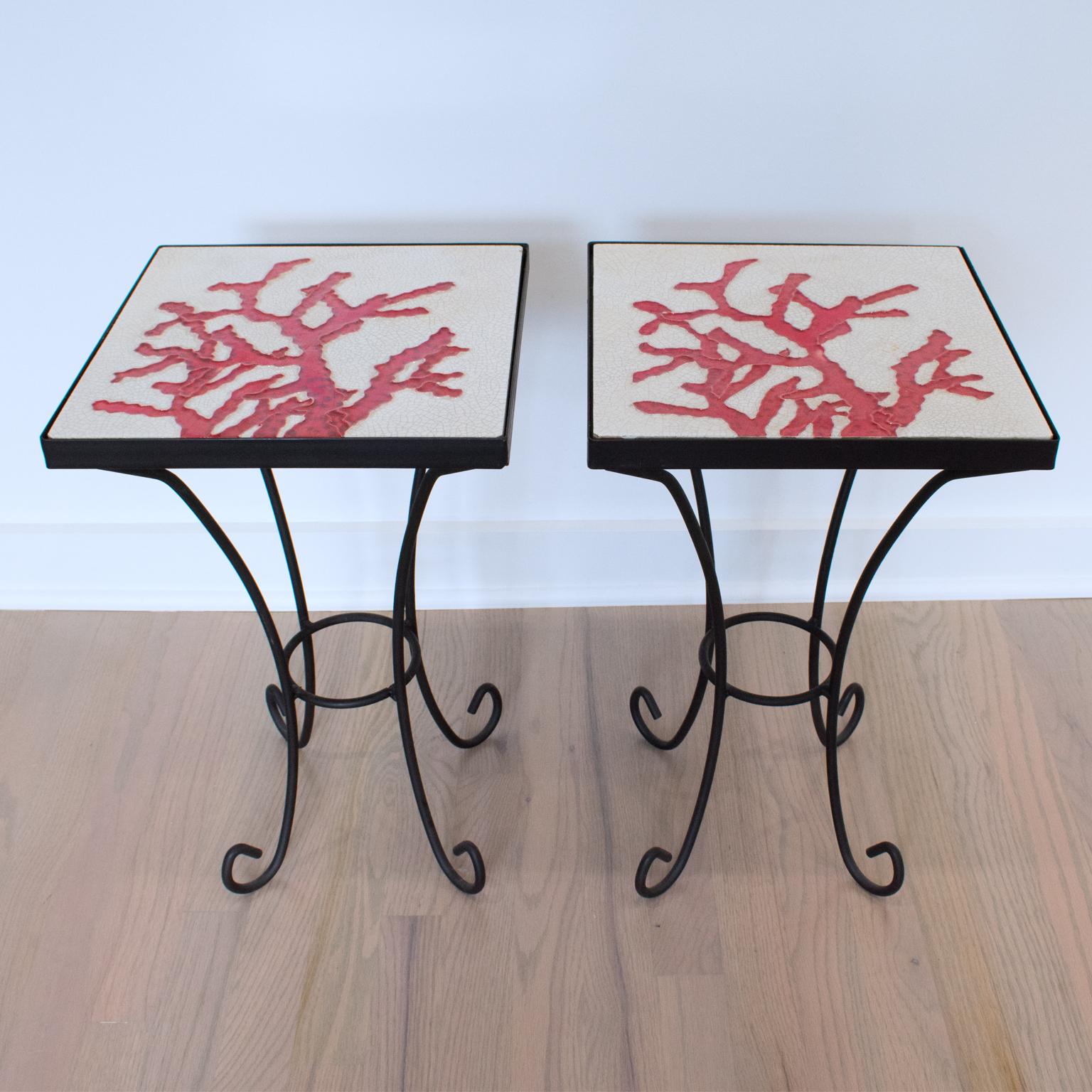 French Wrought Iron and Ceramic Tile Side Coffee Table, a pair, 1950s For Sale