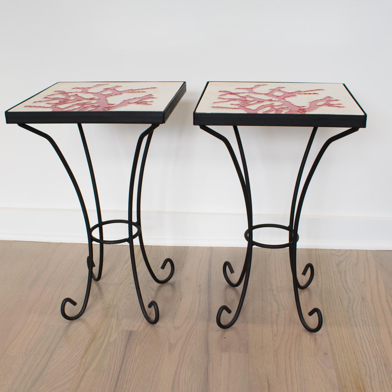 Wrought Iron and Ceramic Tile Side Coffee Table, a pair, 1950s In Good Condition For Sale In Atlanta, GA