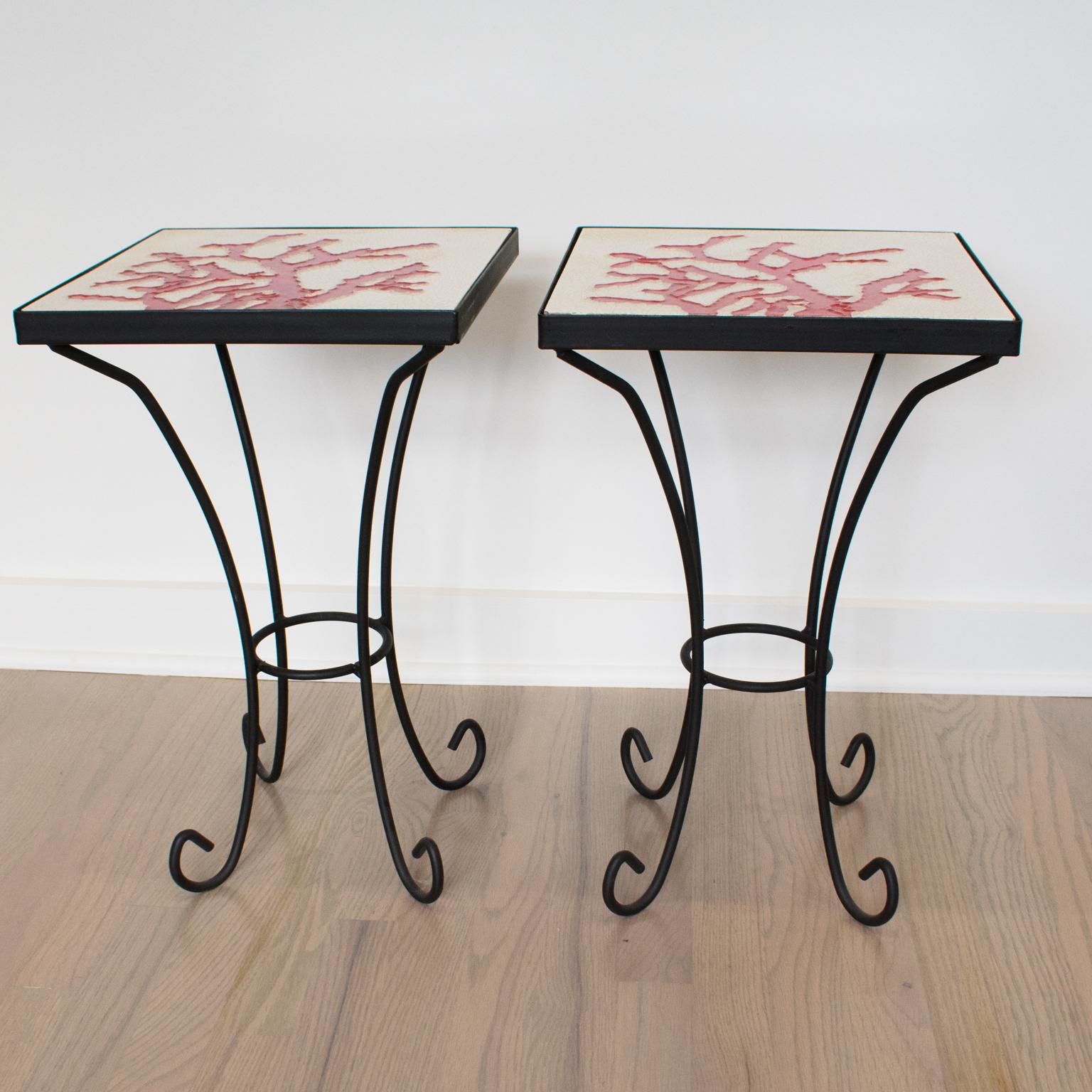 Mid-20th Century Wrought Iron and Ceramic Tile Side Coffee Table, a pair, 1950s