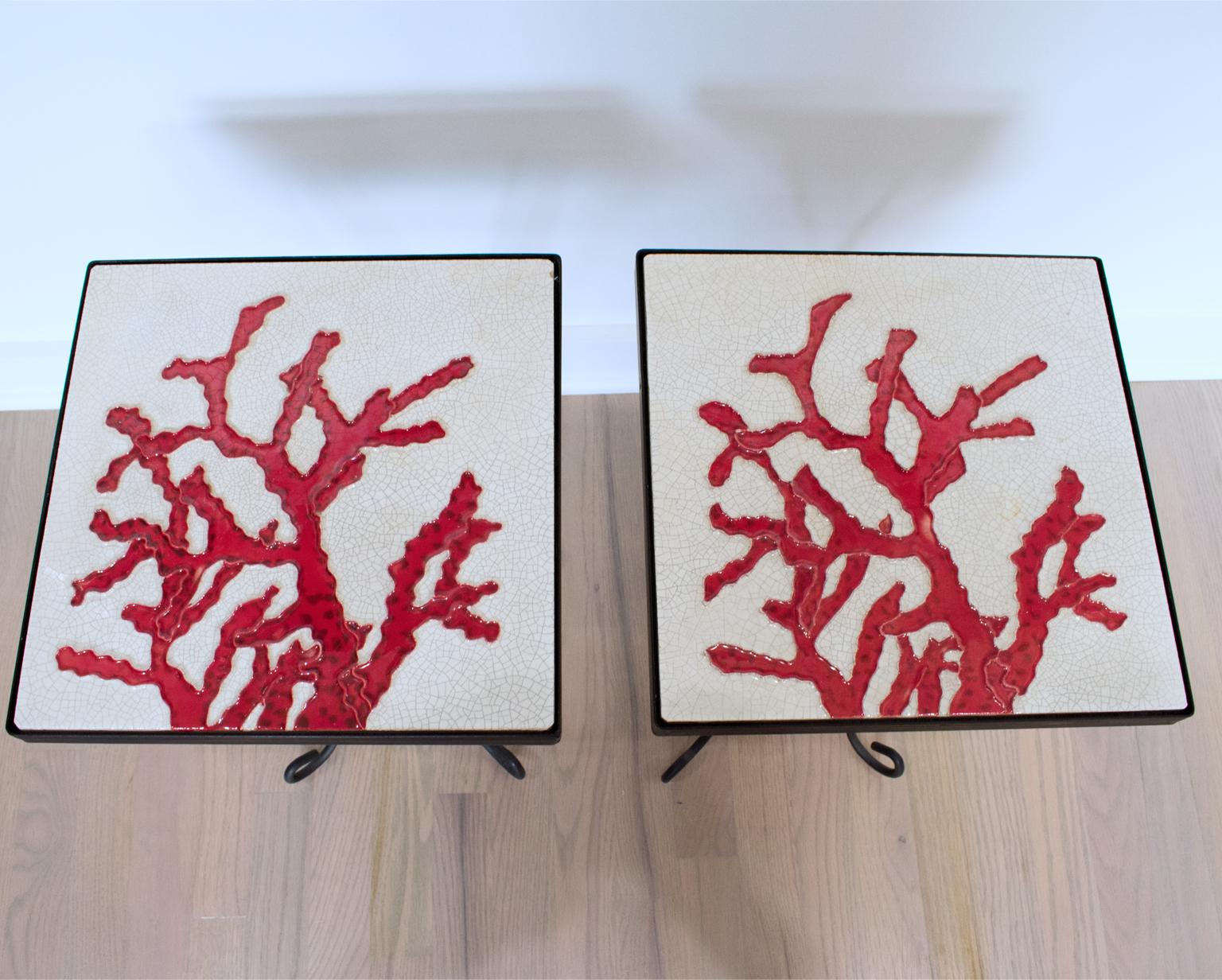 Mid-20th Century Wrought Iron and Ceramic Tile Side Coffee Table, a pair, 1950s For Sale