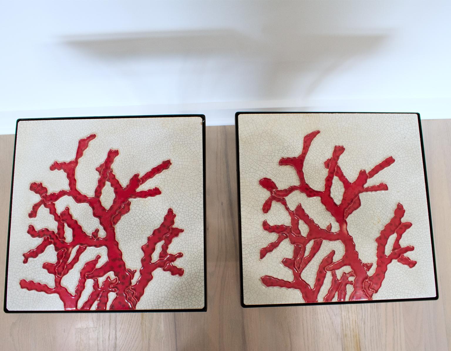 Metal Wrought Iron and Ceramic Tile Side Coffee Table, a pair, 1950s For Sale