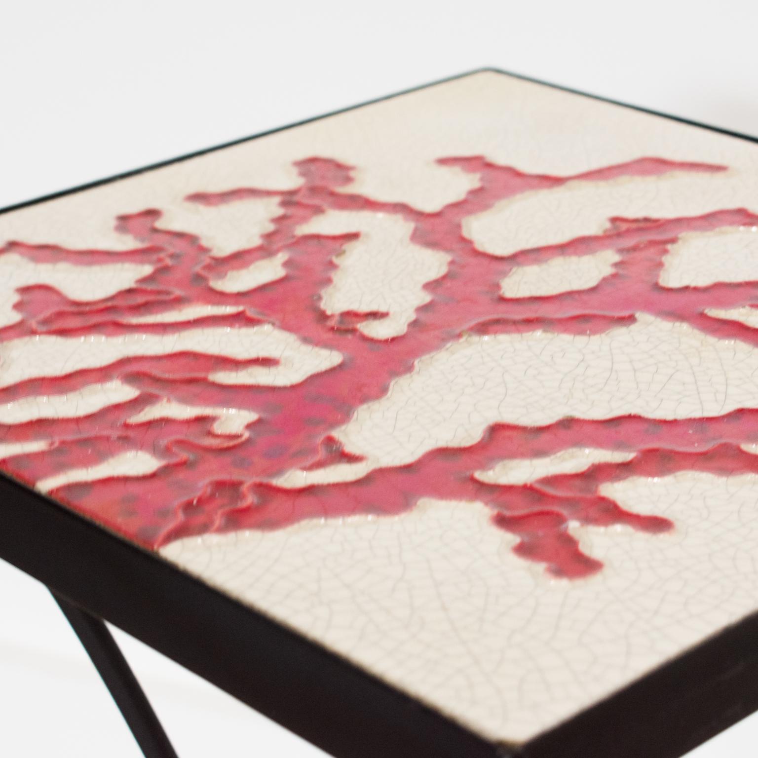 Wrought Iron and Ceramic Tile Side Coffee Table, a pair, 1950s For Sale 2