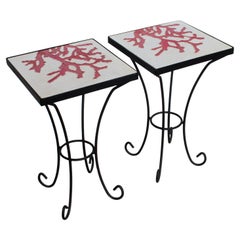 Wrought Iron and Ceramic Tile Side Coffee Table, a pair, 1950s