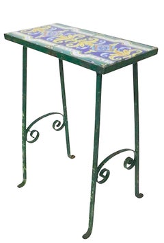 Wrought Iron and Ceramic Tile Top Side Table Plant Stand