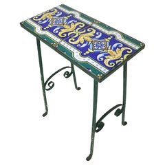 Wrought Iron and Ceramic Tile Top Side Table Plant Stand