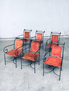 Wrought Iron and Cognac Leather Swirl Dining Chair Set, Spain, 1960's