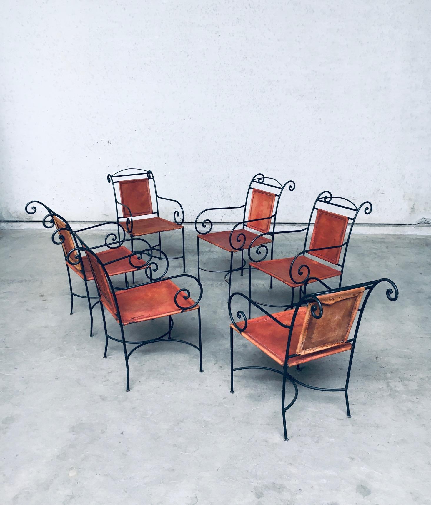 Mid-20th Century Wrought Iron and Cognac Leather Swirl Dining Chair Set, Spain, 1960's For Sale