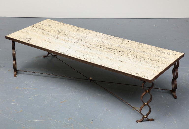 Magnificent “Ruban” coffee table in iron, brass and marble by Jean Royère