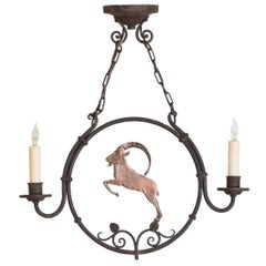 Wrought Iron and Copper "Mountain Goat" 2-Light Chandelier, circa 1930, UL Wired