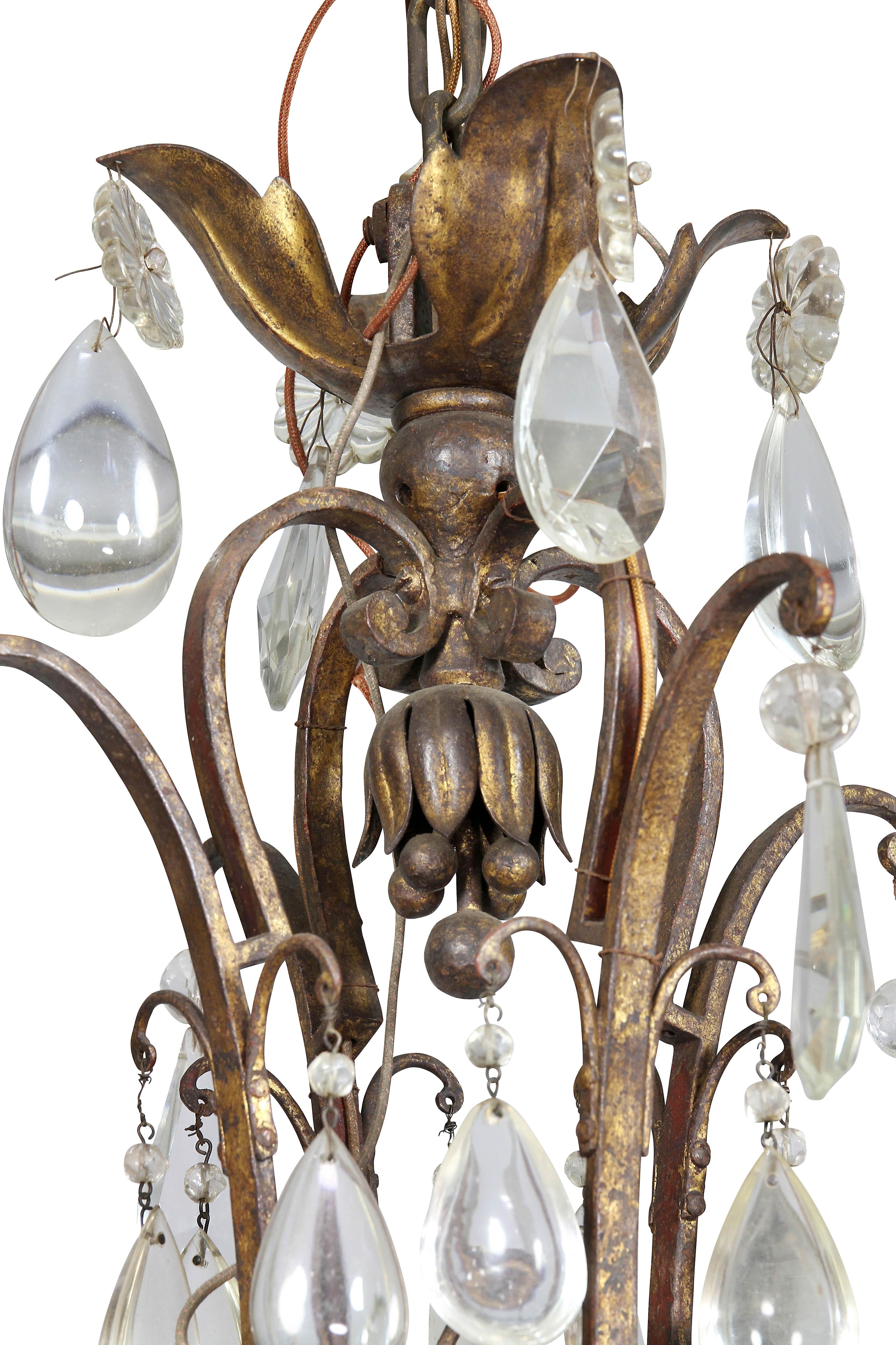 European Wrought Iron and Crystal Chandelier For Sale