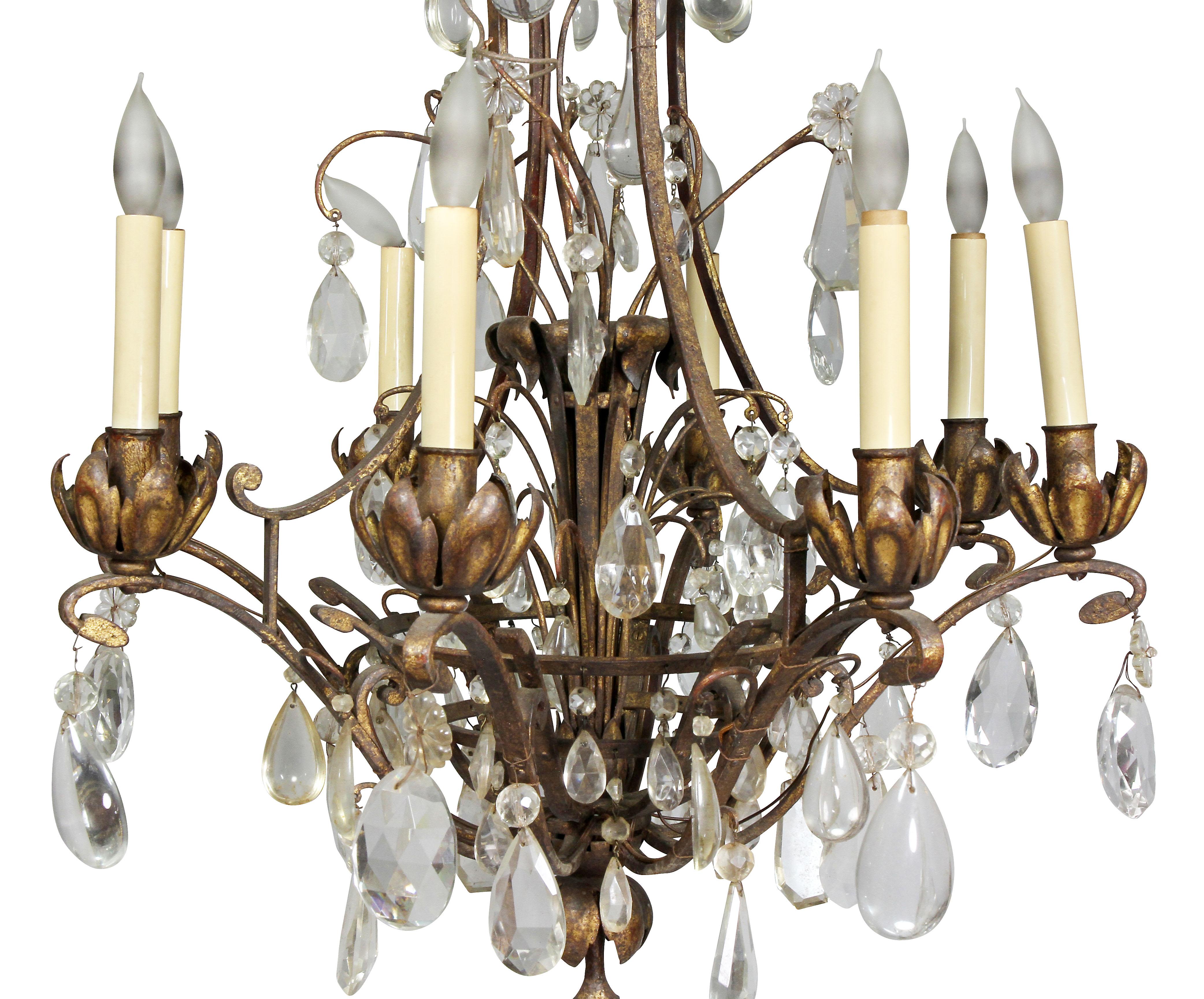 Wrought Iron and Crystal Chandelier In Good Condition For Sale In Essex, MA