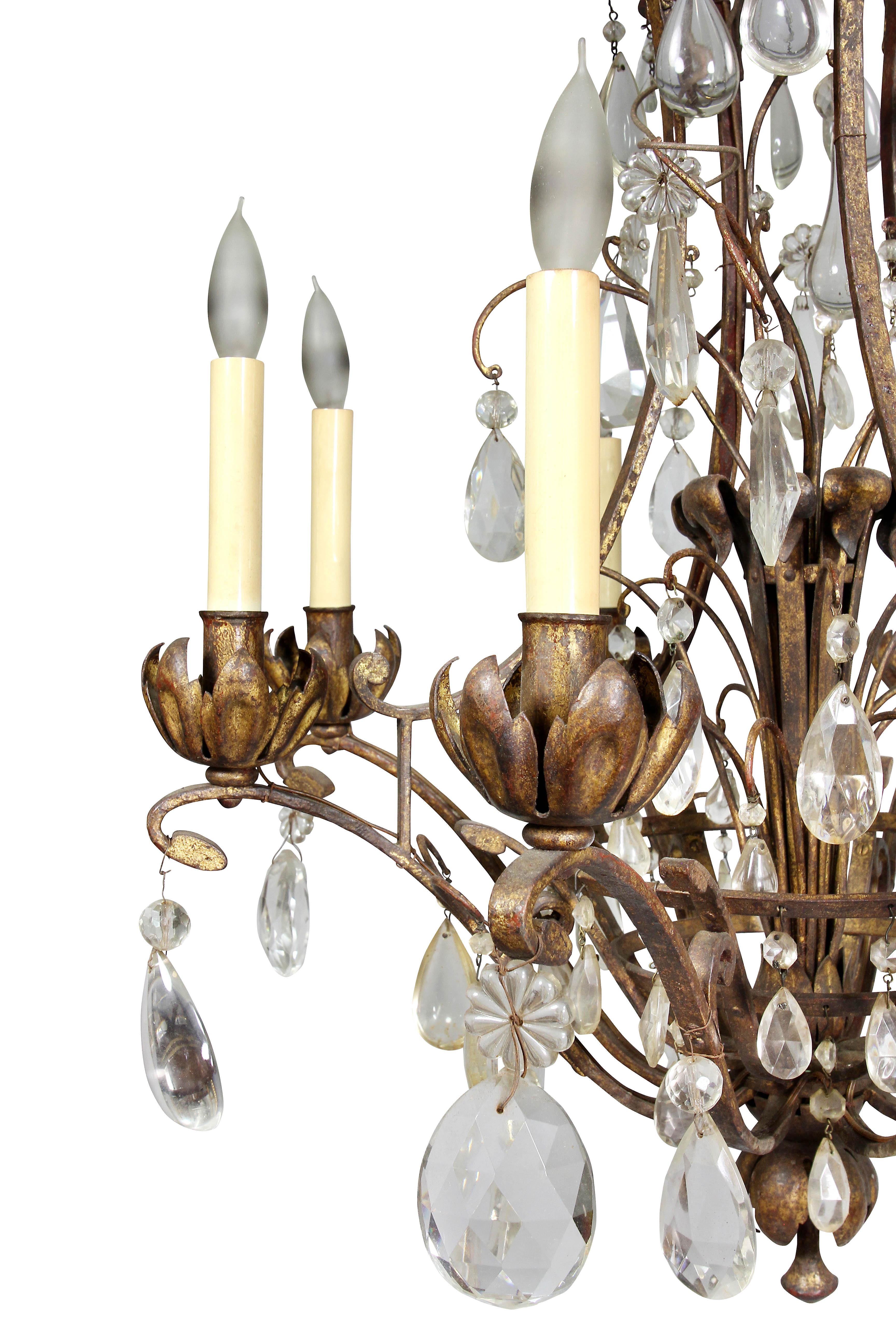 18th Century Wrought Iron and Crystal Chandelier For Sale
