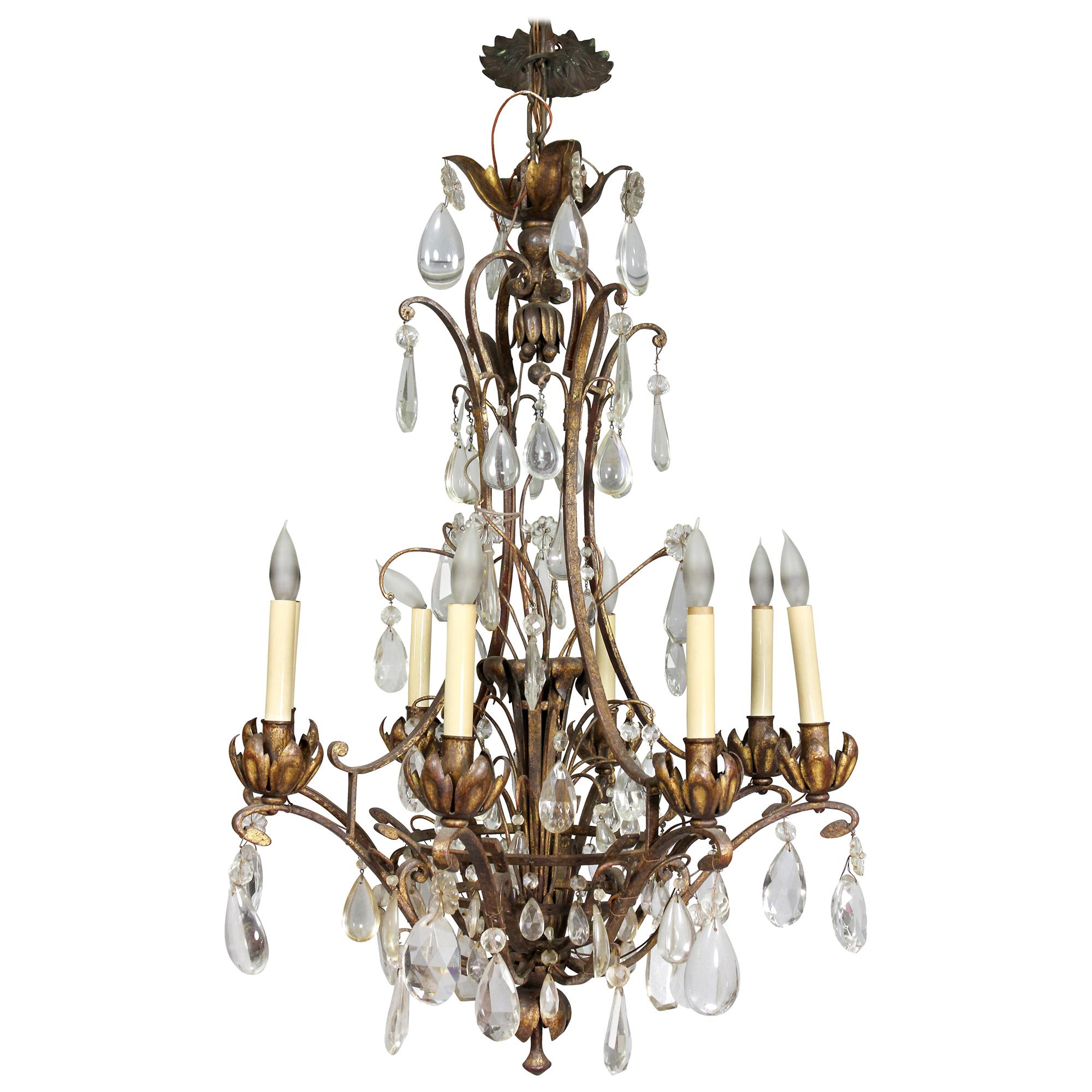 Wrought Iron and Crystal Chandelier For Sale