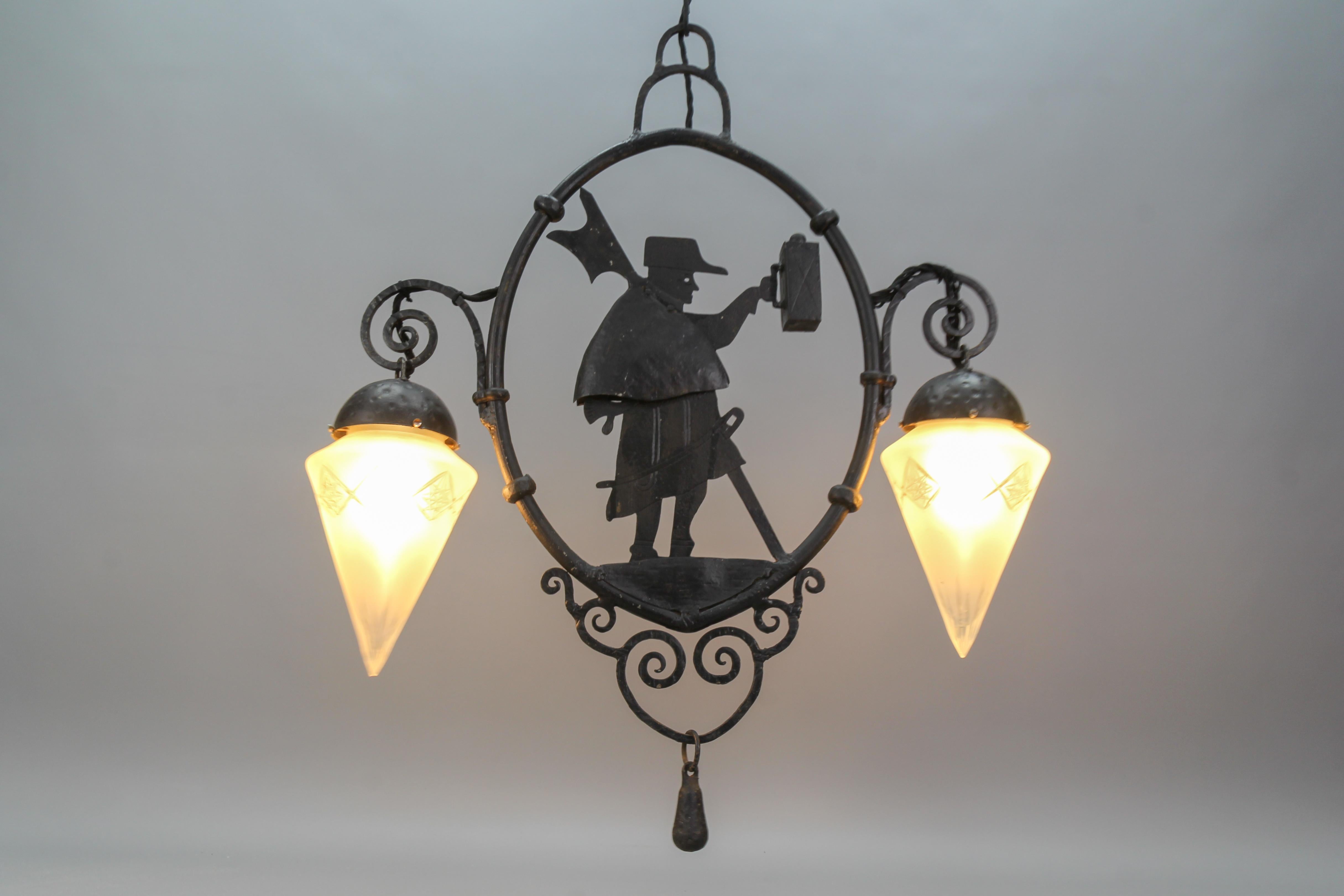 Wrought Iron and Cut Frosted Glass Pendant Chandelier Night Watchman, ca 1910 For Sale 3