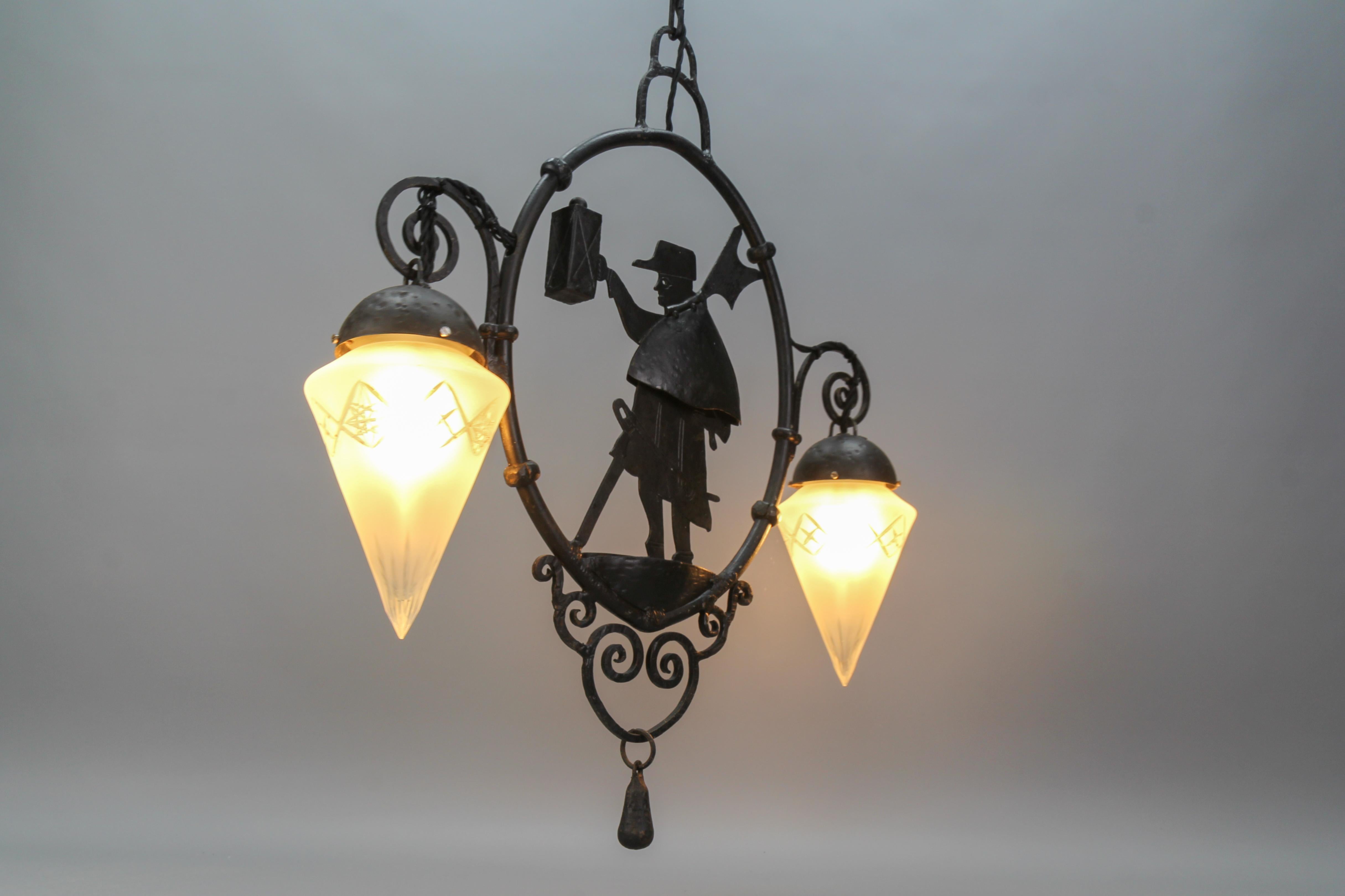 Wrought Iron and Cut Frosted Glass Pendant Chandelier Night Watchman, ca 1910 For Sale 4