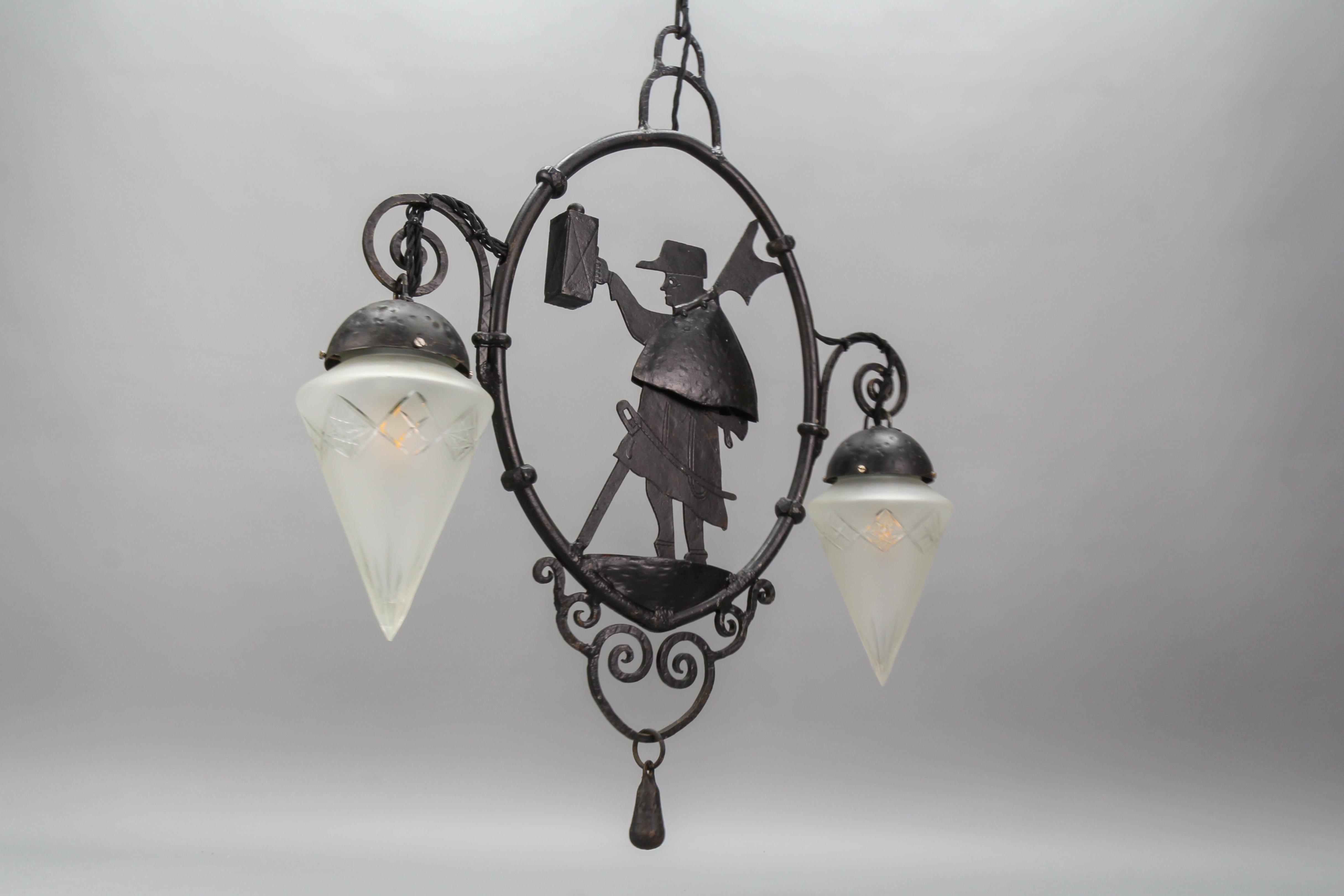 Wrought Iron and Cut Frosted Glass Pendant Chandelier Night Watchman, ca 1910 For Sale 5