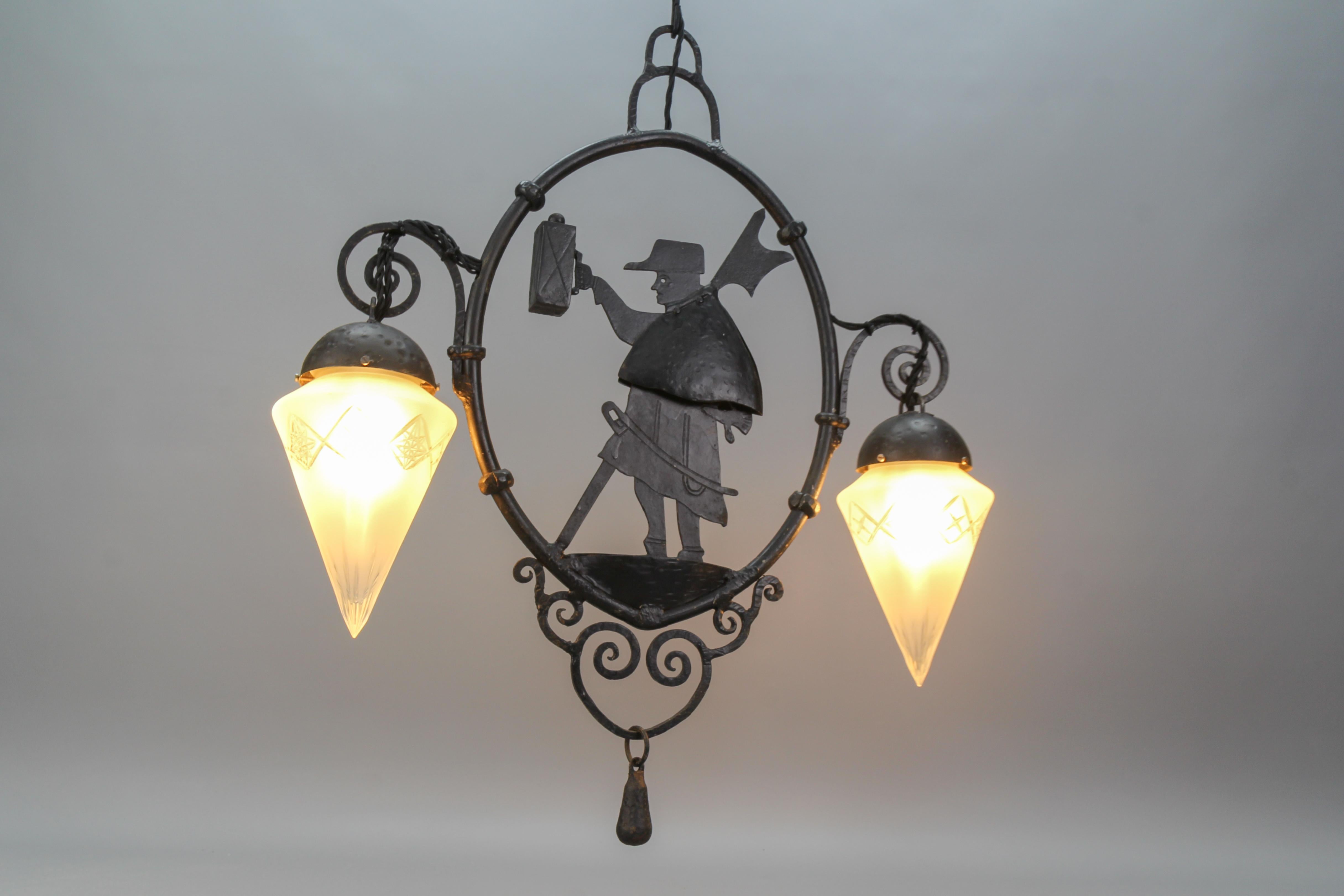 Wrought Iron and Cut Frosted Glass Pendant Chandelier Night Watchman, ca 1910 For Sale 6