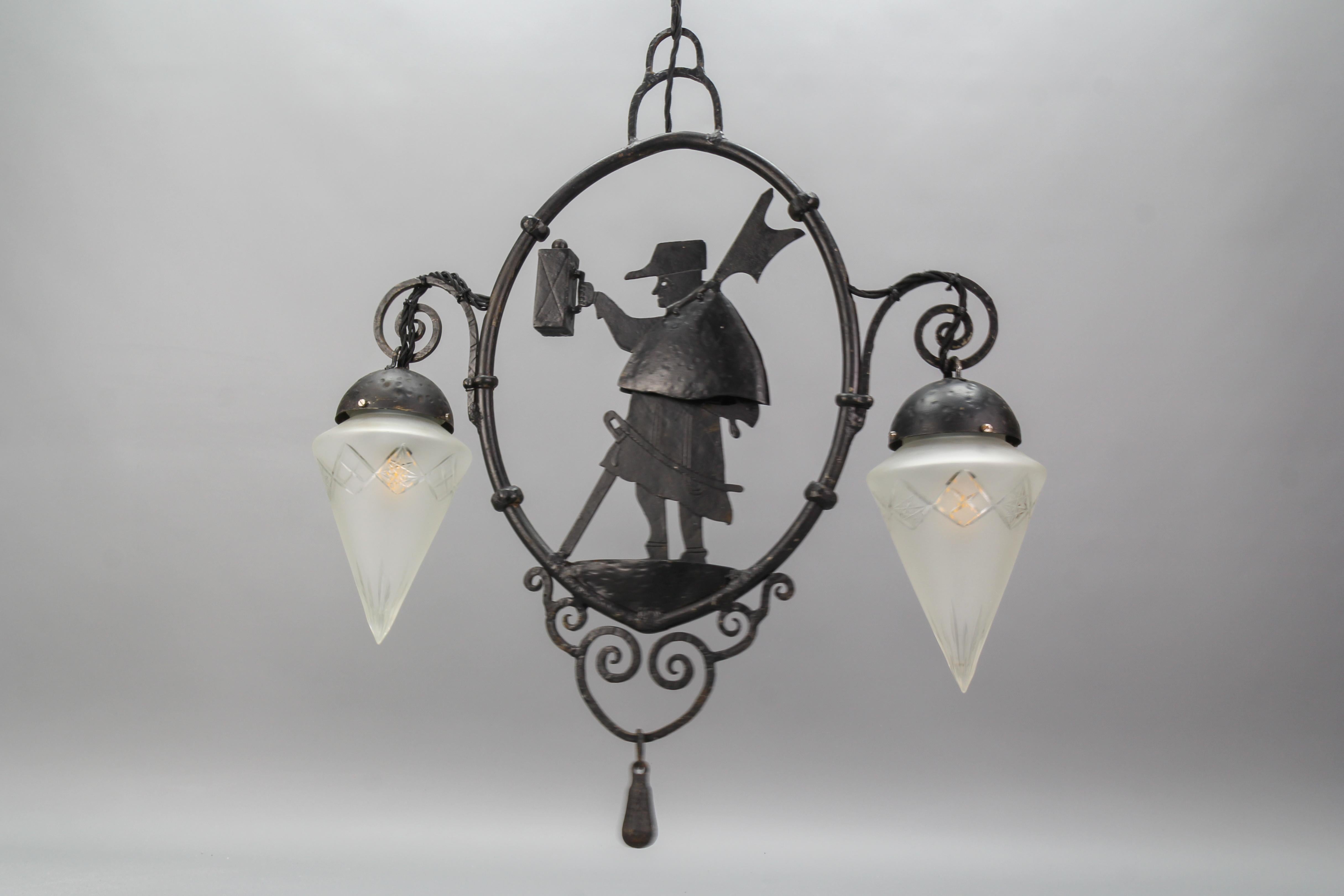 Wrought Iron and Cut Frosted Glass Pendant Chandelier Night Watchman, ca 1910 For Sale 7