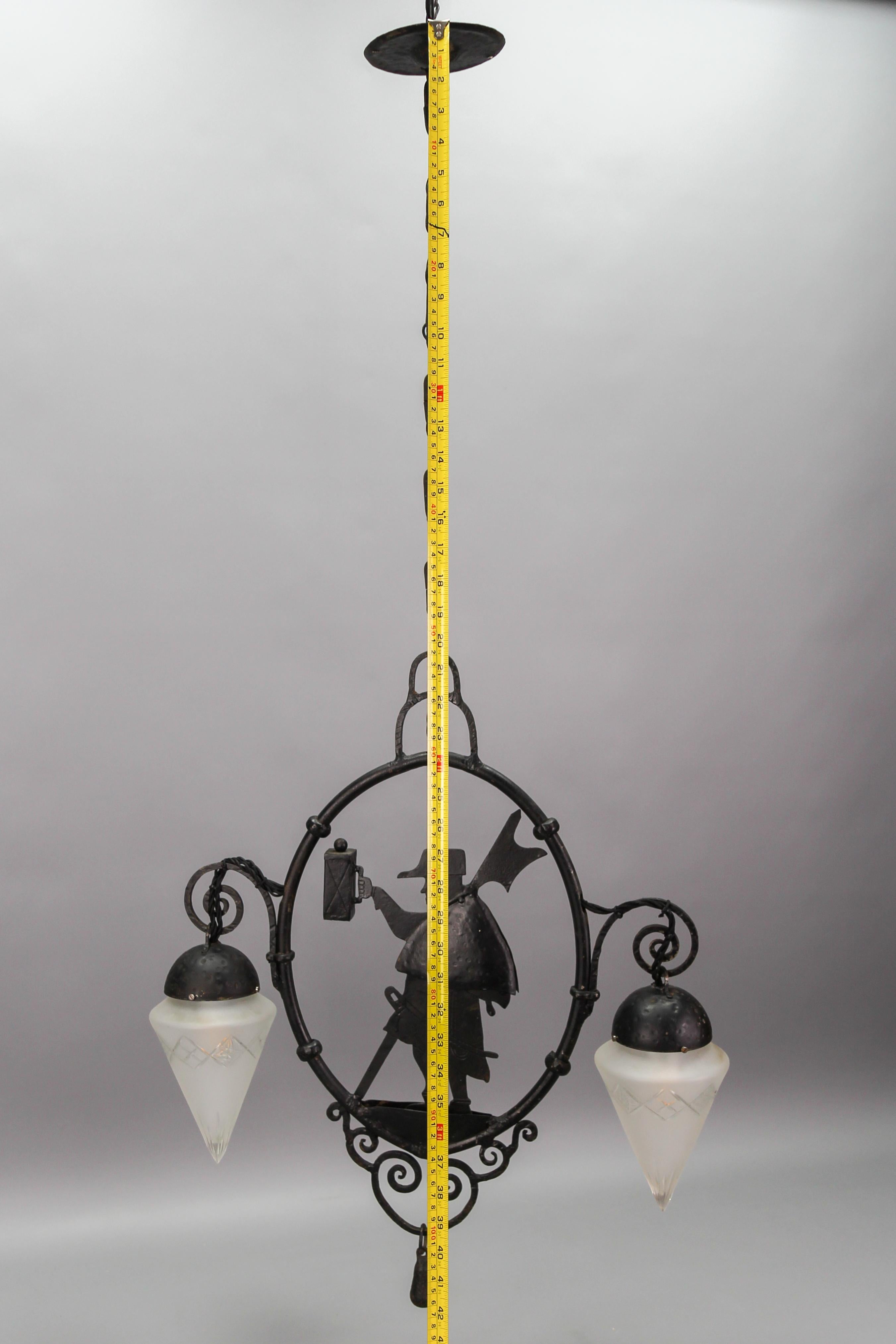 Wrought Iron and Cut Frosted Glass Pendant Chandelier Night Watchman, ca 1910 For Sale 8