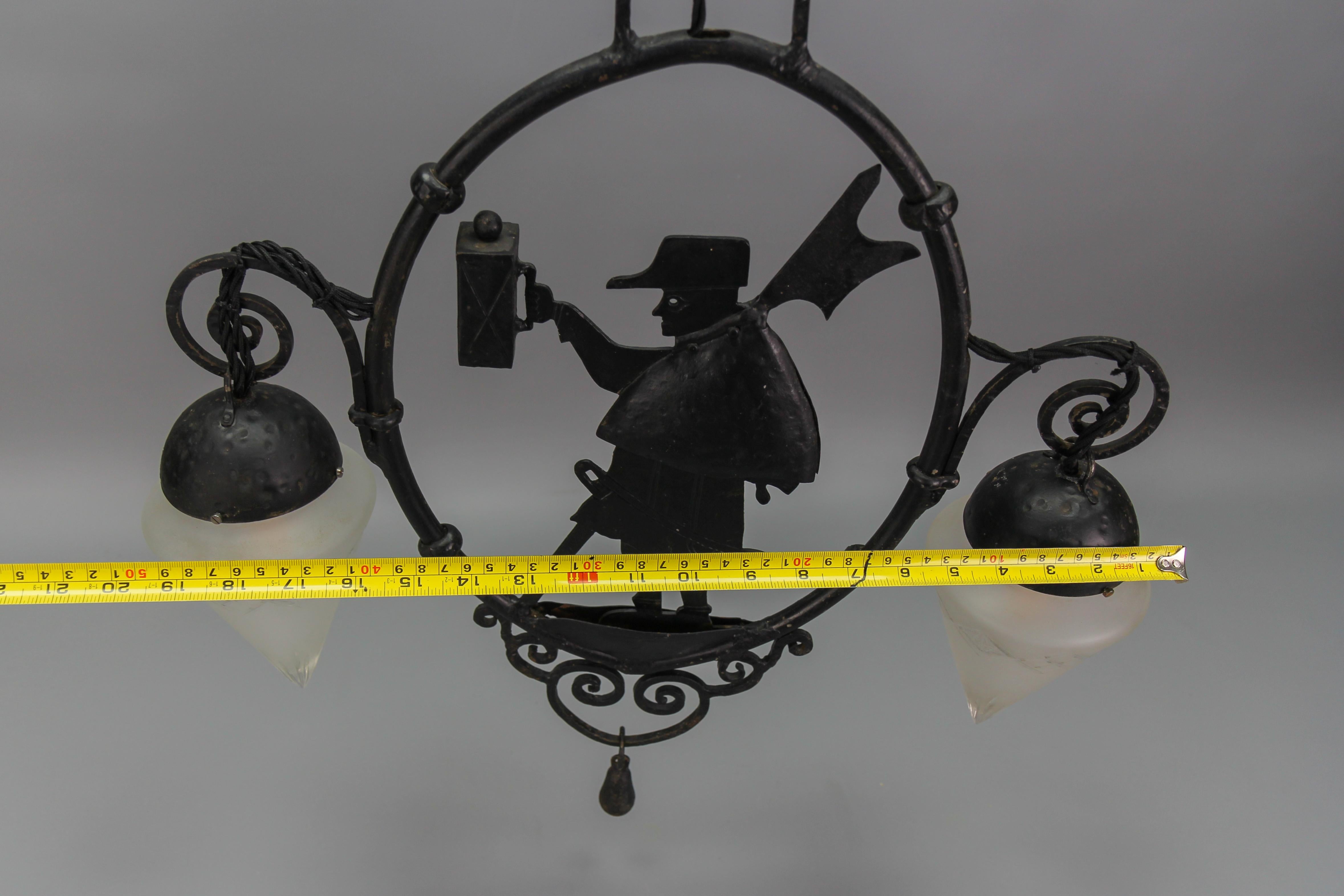 Wrought Iron and Cut Frosted Glass Pendant Chandelier Night Watchman, ca 1910 For Sale 9