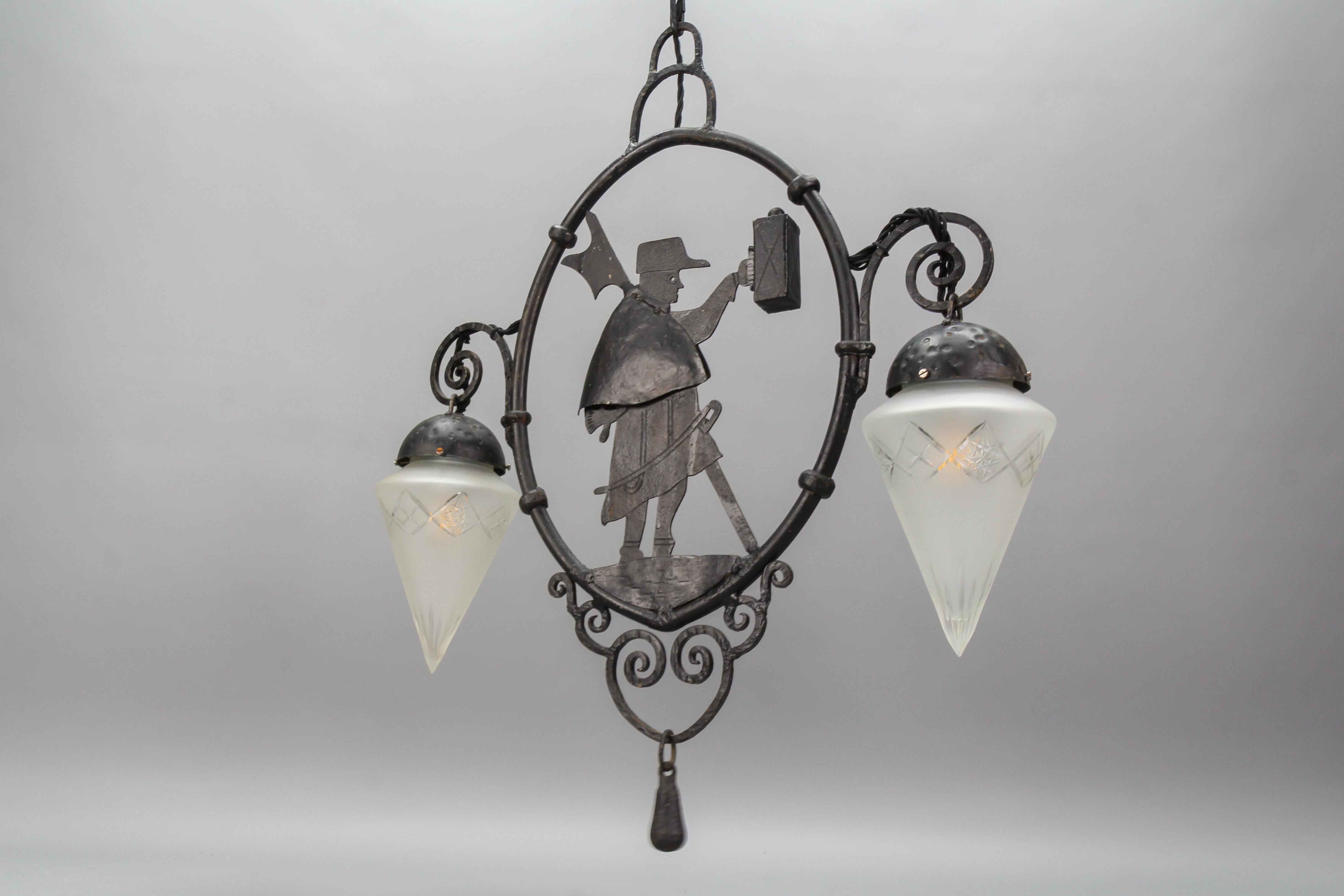 Wrought Iron and Cut Frosted Glass Pendant Chandelier Night Watchman, ca 1910 For Sale 12