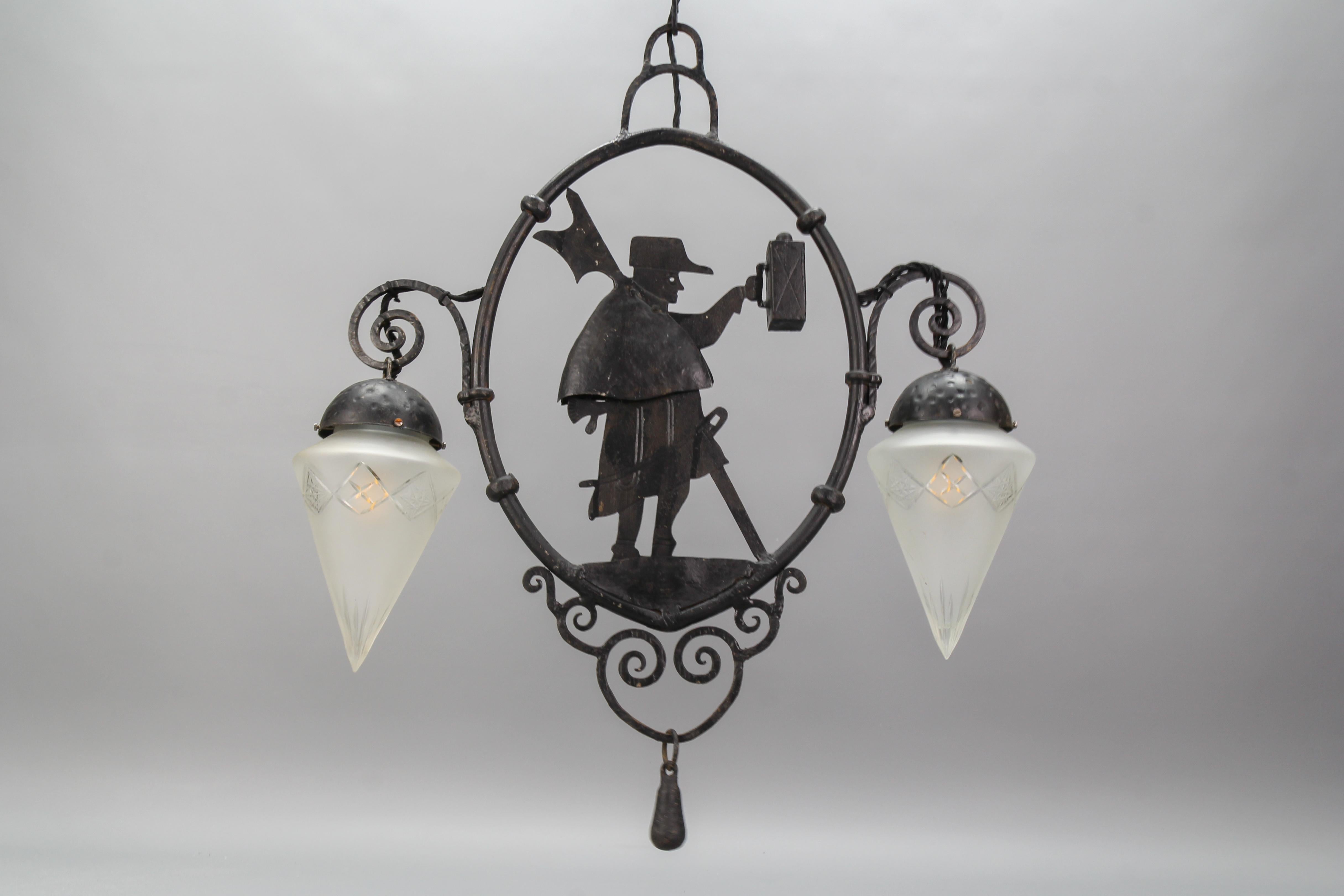 Wrought Iron and Cut Frosted Glass Pendant Chandelier Night Watchman, ca 1910 For Sale 13