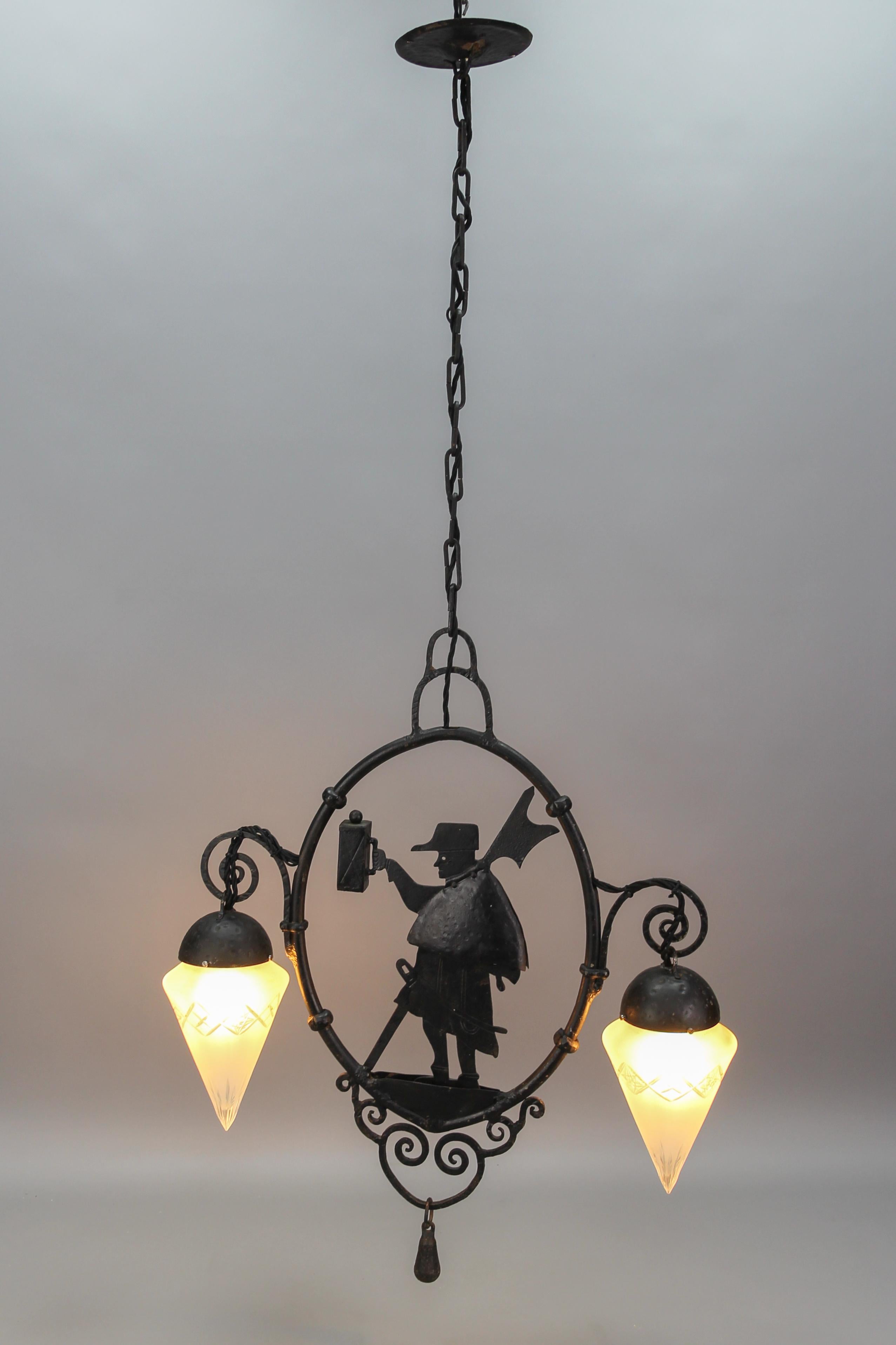 Arts and Crafts Wrought Iron and Cut Frosted Glass Pendant Chandelier Night Watchman, ca 1910 For Sale