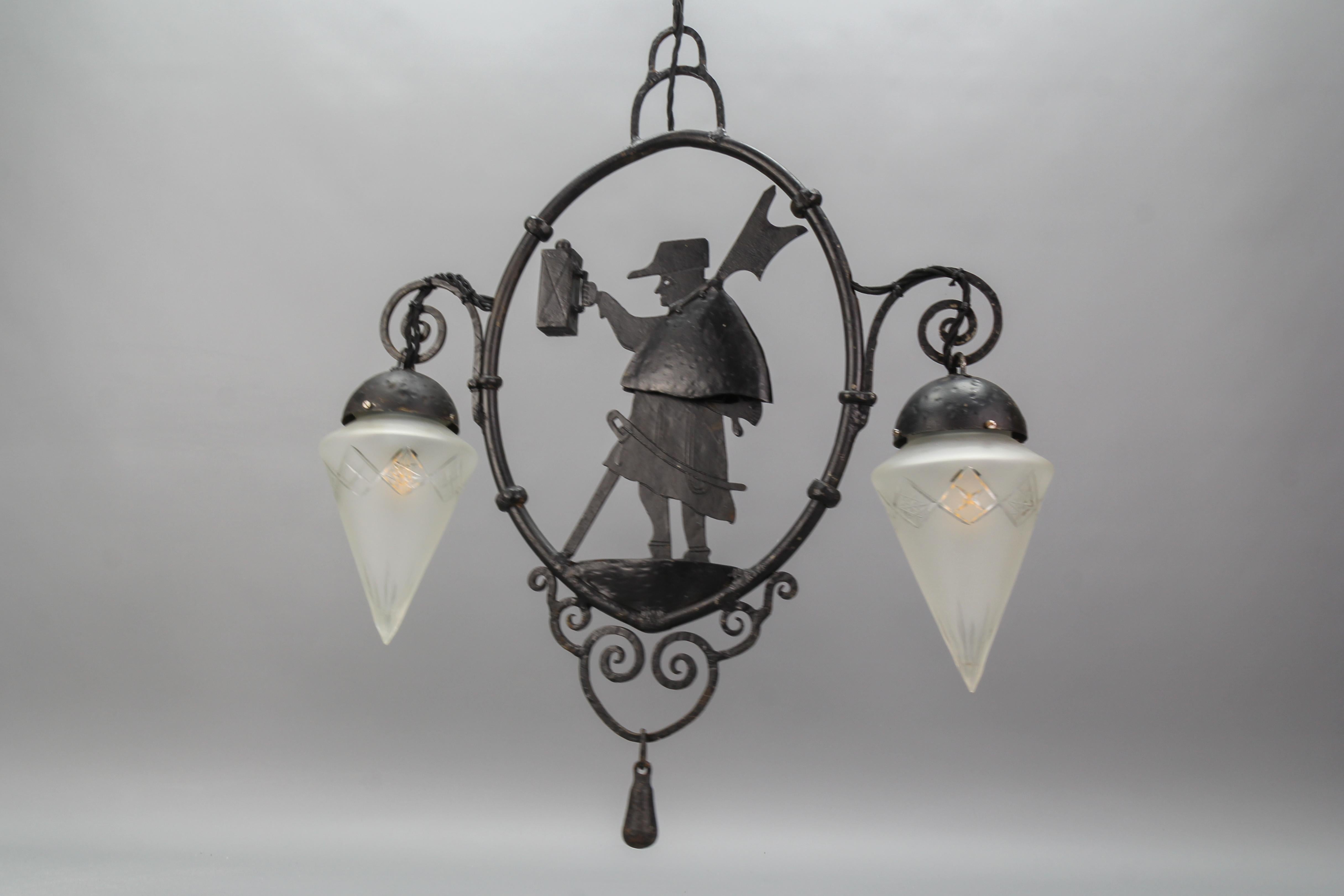 Wrought Iron and Cut Frosted Glass Pendant Chandelier Night Watchman, ca 1910 In Good Condition For Sale In Barntrup, DE