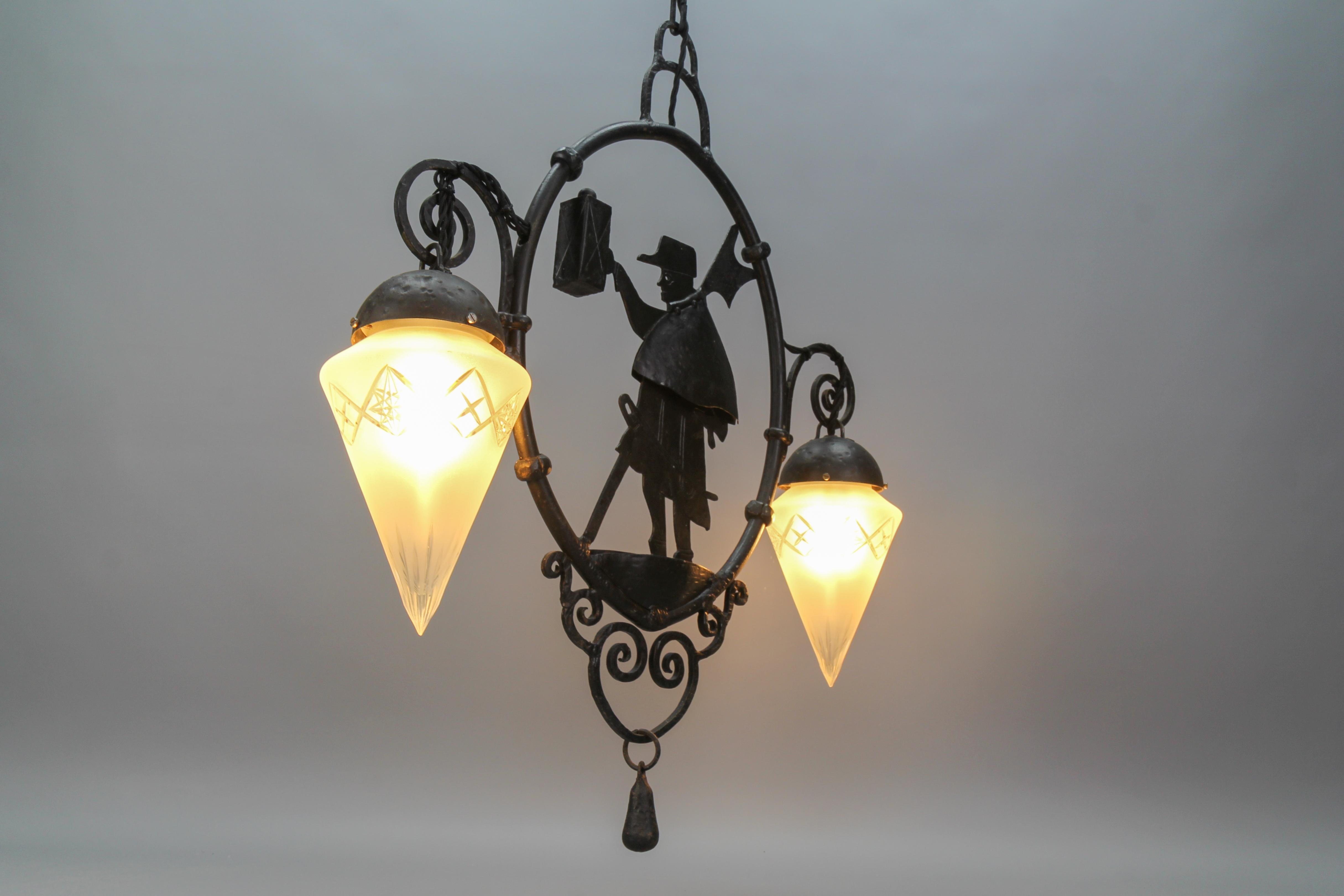 Early 20th Century Wrought Iron and Cut Frosted Glass Pendant Chandelier Night Watchman, ca 1910 For Sale