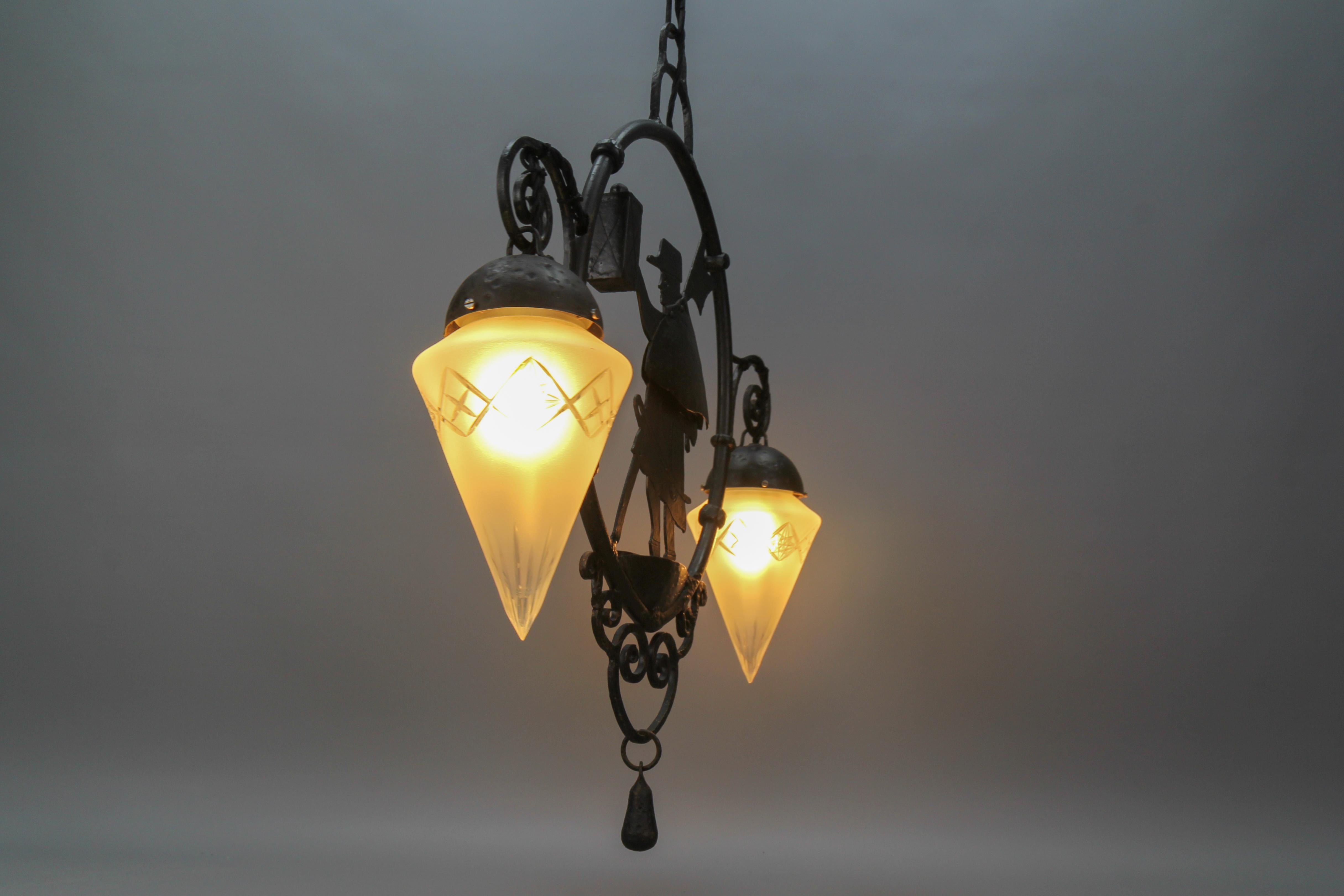 Cut Glass Wrought Iron and Cut Frosted Glass Pendant Chandelier Night Watchman, ca 1910 For Sale