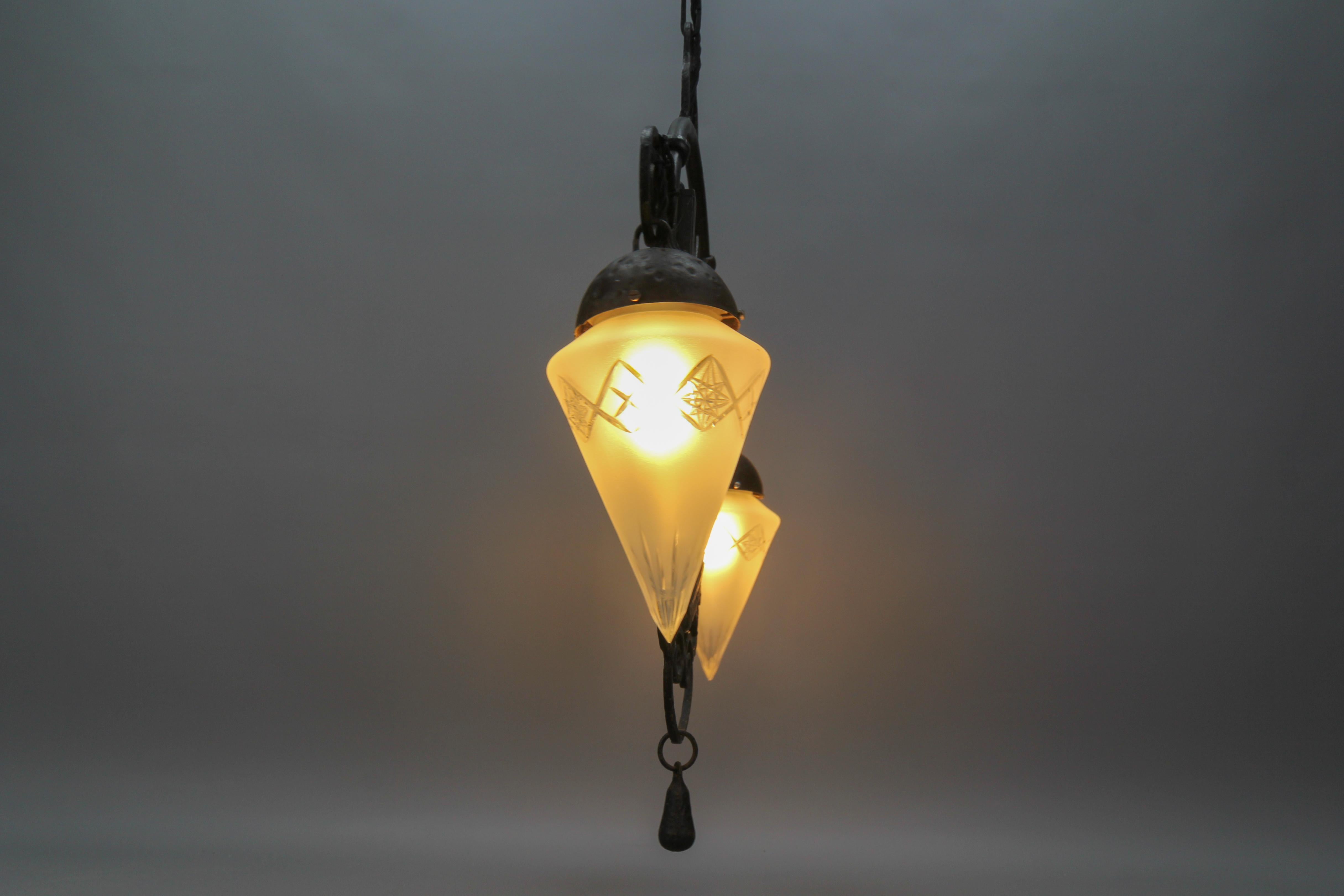Wrought Iron and Cut Frosted Glass Pendant Chandelier Night Watchman, ca 1910 For Sale 1