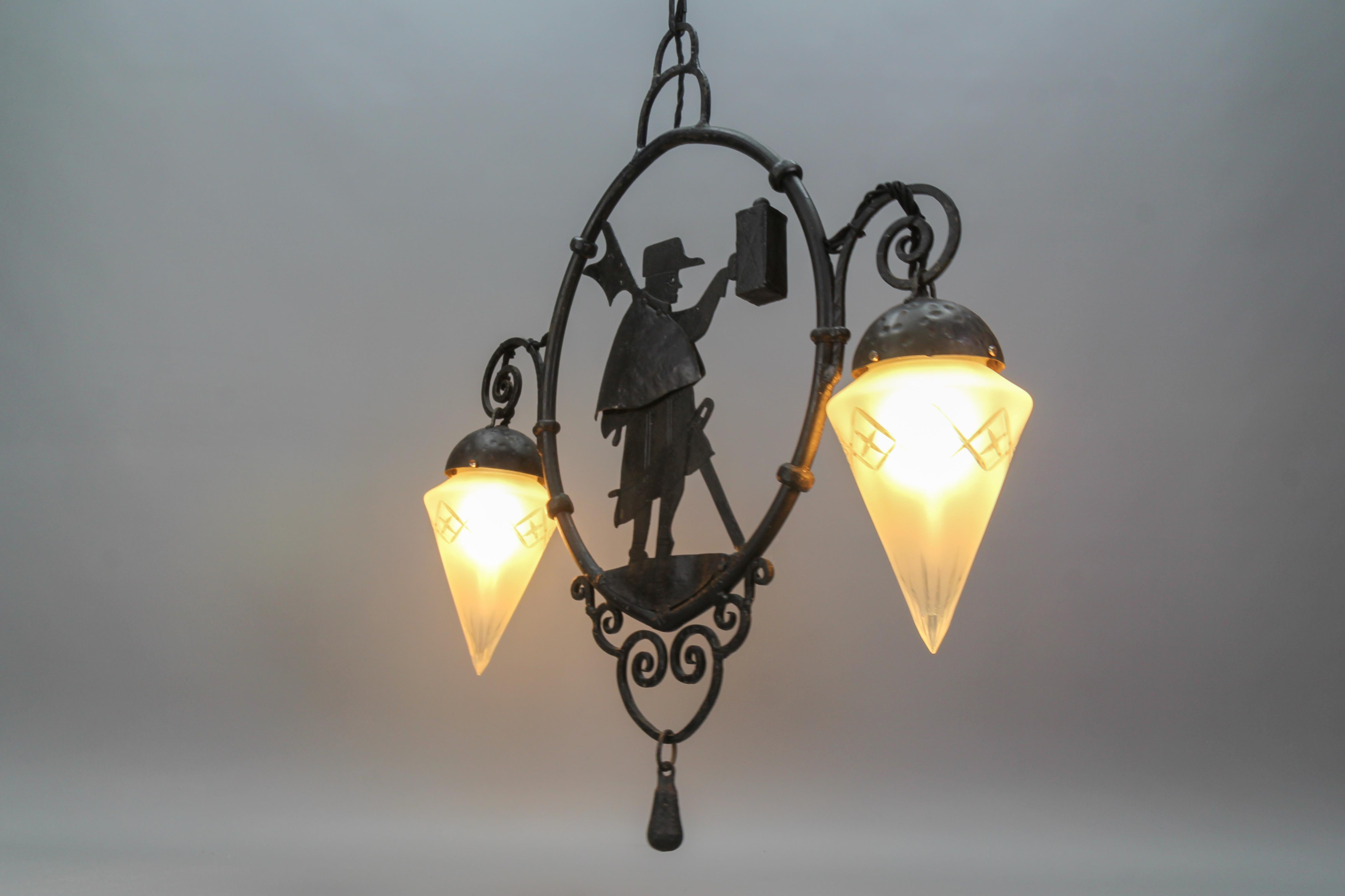 Wrought Iron and Cut Frosted Glass Pendant Chandelier Night Watchman, ca 1910 For Sale 2
