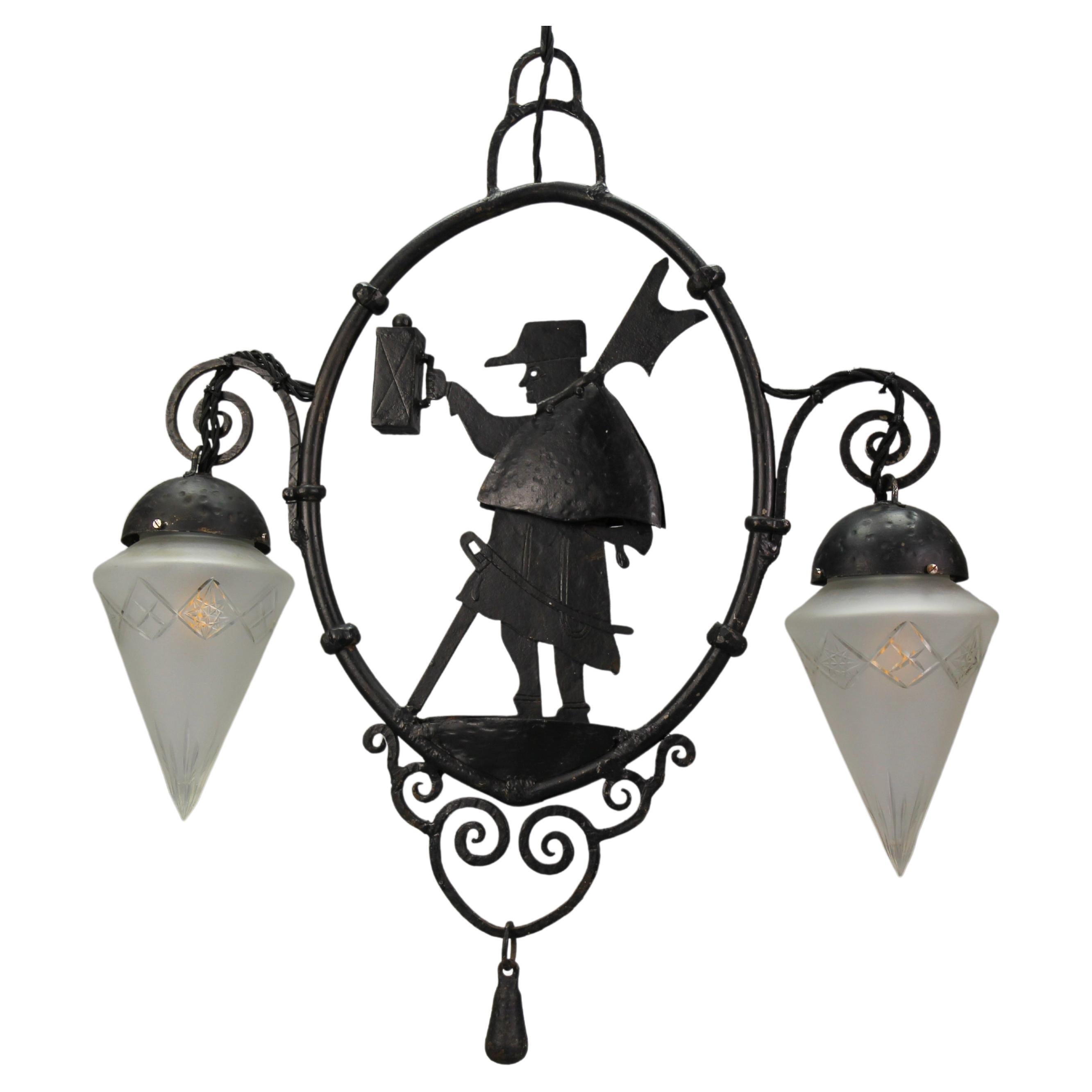 Wrought Iron and Cut Frosted Glass Pendant Chandelier Night Watchman, ca 1910 For Sale
