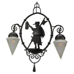 Wrought Iron and Cut Frosted Glass Pendant Chandelier Night Watchman, ca 1910